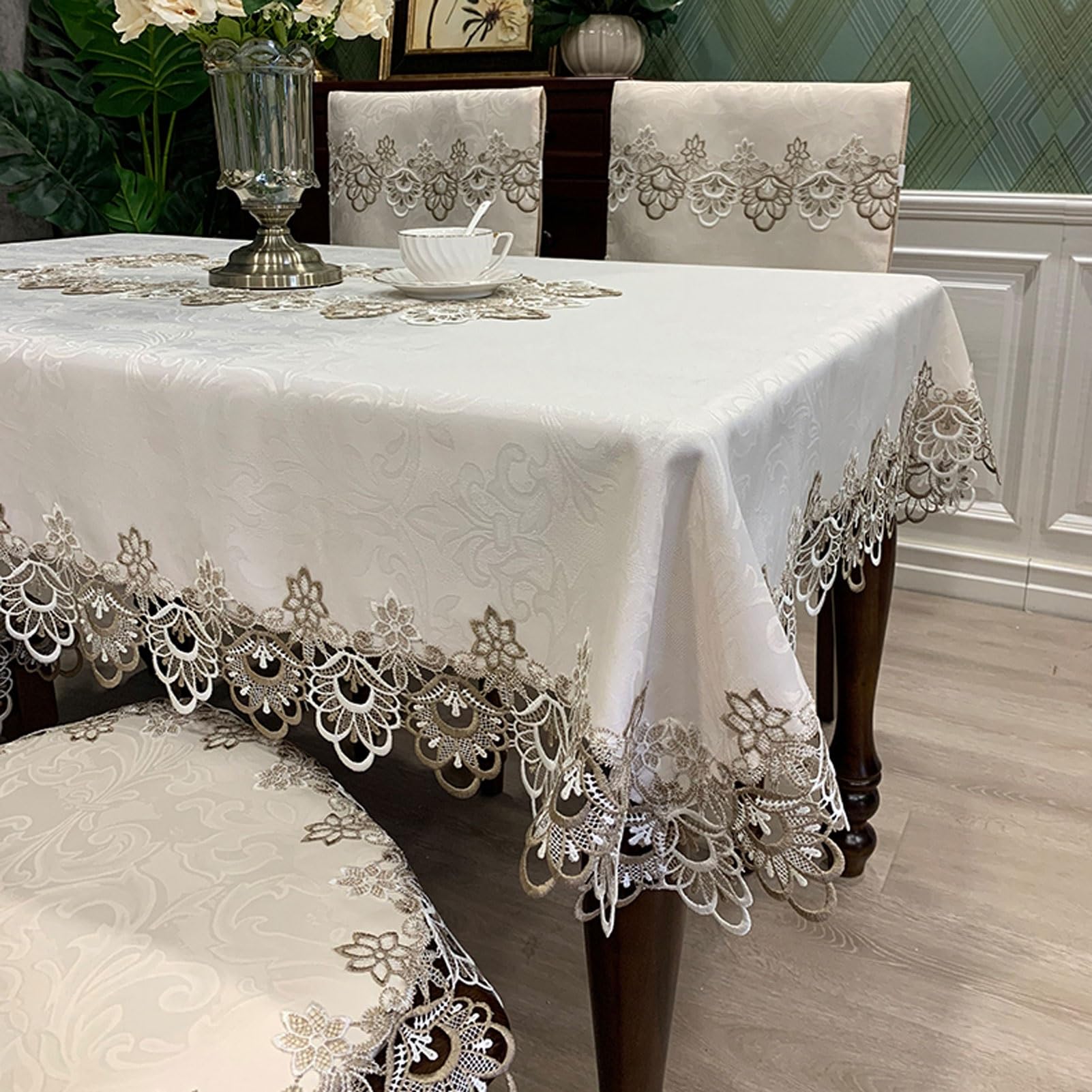 QL Elegante e Lussuoso Popolare Bianco Tavolo in Pizzo Table Copertina Asciugamani Tavolo Runner Sedia Cover Decorazione di Cerimonia Nuziale Rotonda Tovaglie Sedia Cuscino Bello Regali di Festa