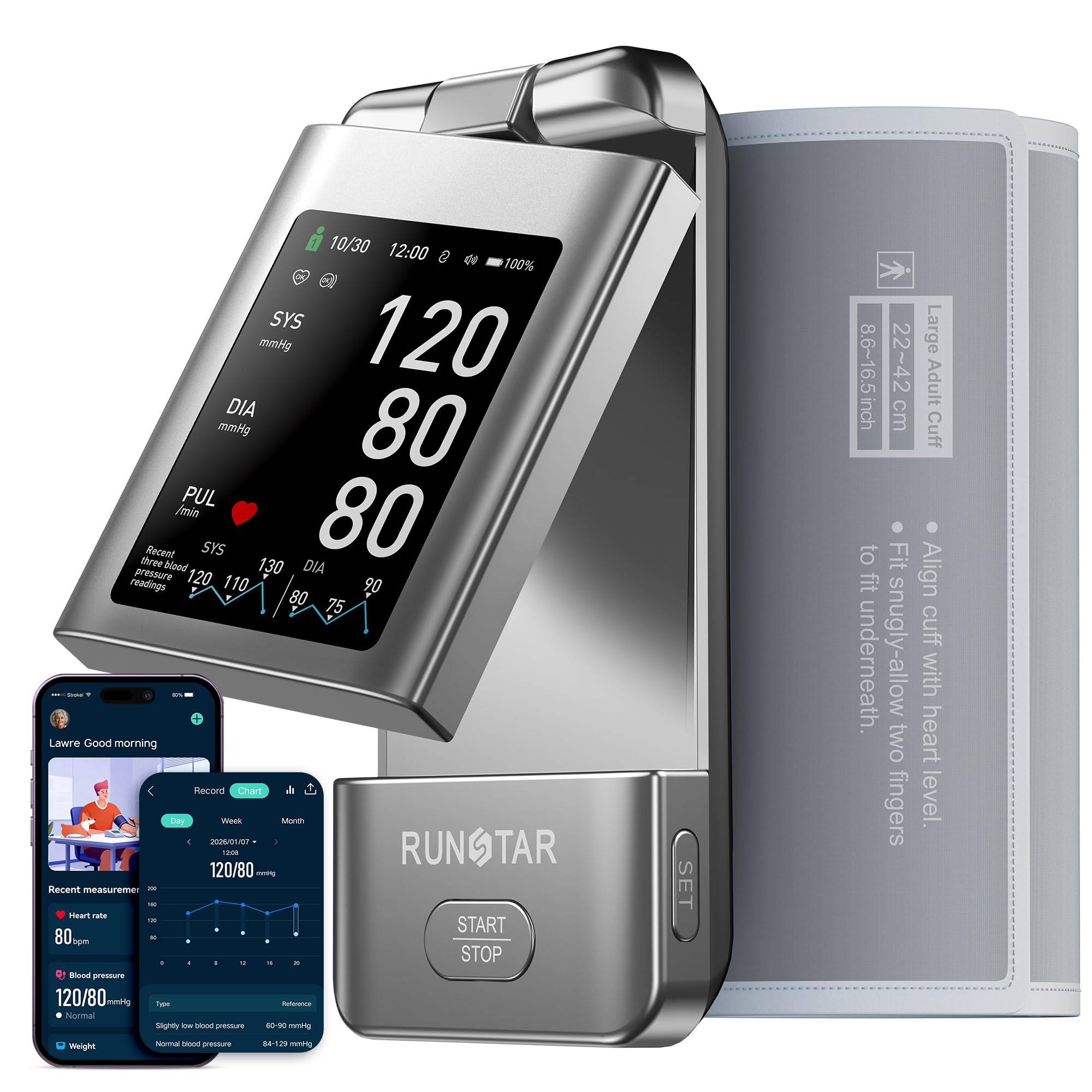 RunStar Monitor de presión arterial inalámbrico inteligente con pantalla giratoria, puño superior del brazo, máquina de presión arterial para uso doméstico, portátil, recargable, habilitado para