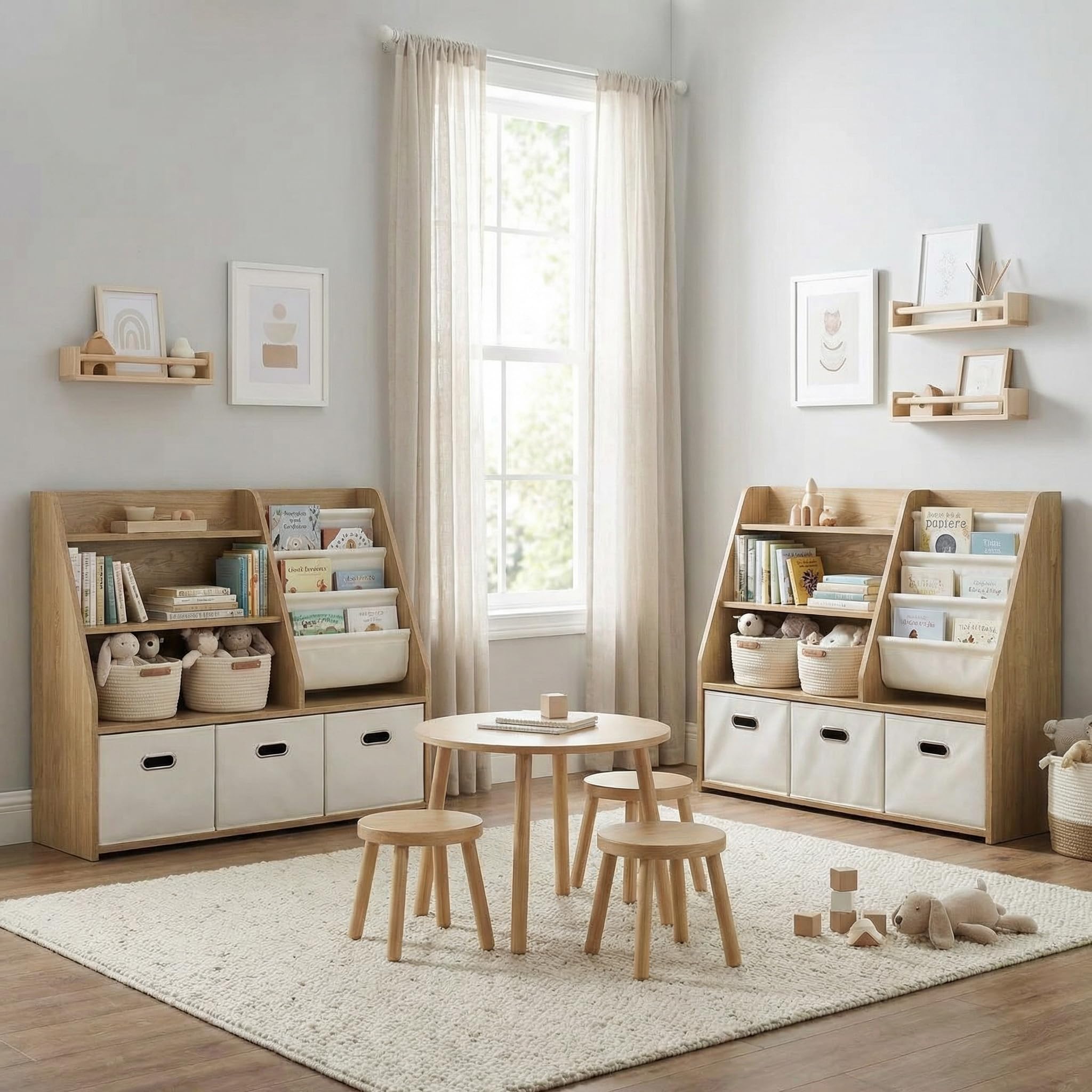 Bibliothèque pour Enfants avec Rangement - Étagère à Jouets Montessori à 4 Niveaux en Bois avec 3 tiroirs et 4 boîtes en Tissu - Organisateur pour Chambre d'enfant et Salle de Jeux