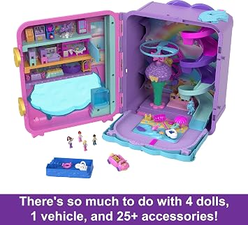 Polly Pocket Resort Roll Away Playset | Large Compact, Travel Toy with 4 Dolls, 1 Vehicle, 25+ Accessories, Portable
