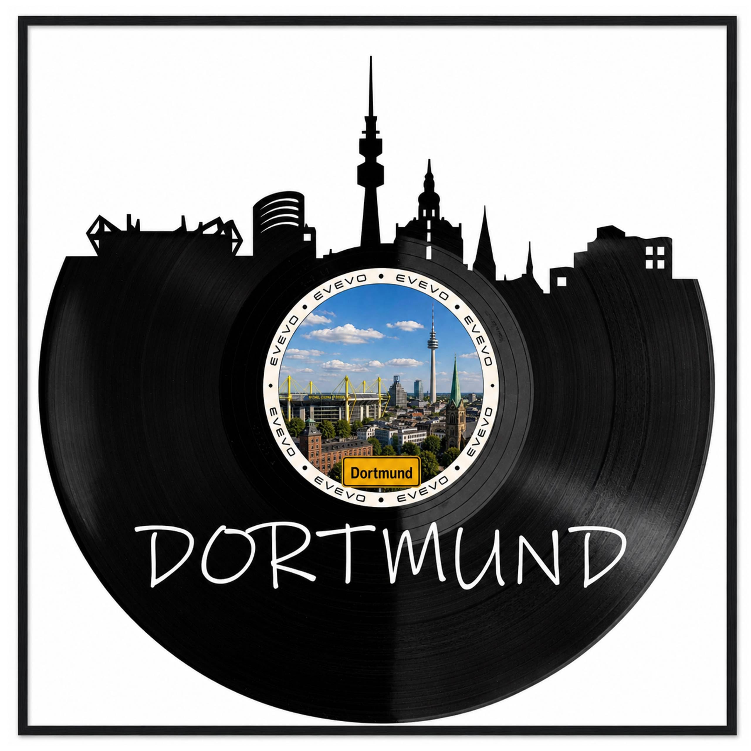 EVEVO Decorazione da parete in vinile con cornice, 32 x 32 cm, motivo: Dortmund, skyline di Ruhrpott, regalo per gli appassionati di calcio