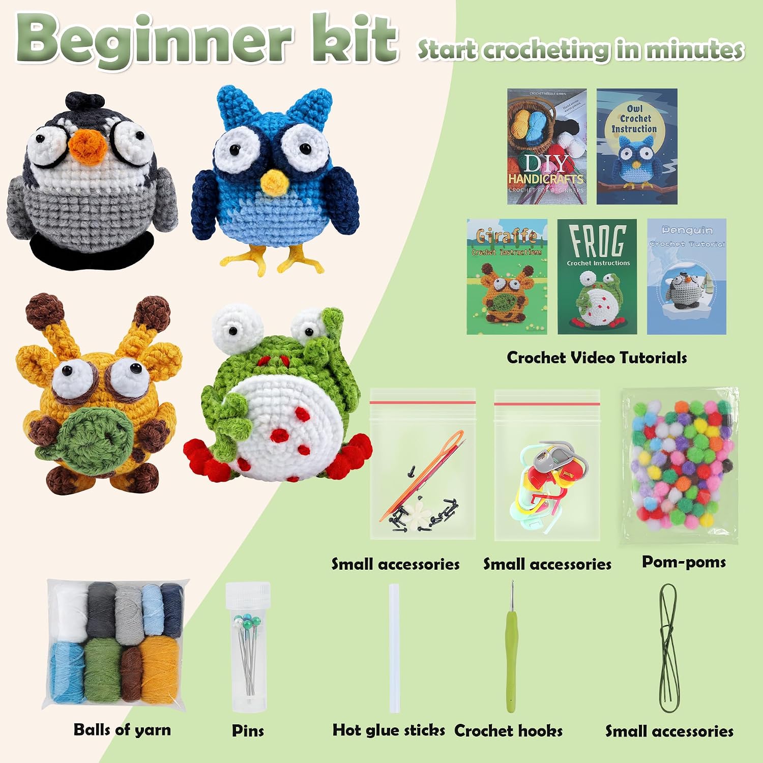 favovibee Crochet Kit for Beginner Adult,Starter DIY Amigurumi Crochet Easy Knitting Animal Crafts with Step-by-Step Video Tutorial,Ugly & Cute Birthday Gift for Teen Kid Galentines Day Present 4 Pcs