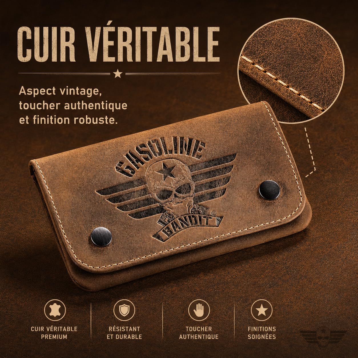 GASOLINE BANDIT Blague à Tabac en Cuir Véritable | Pochette Tabac Vintage en Cuir Bovin Ciré, Étui à Tabac Souple avec Distributeur de Papier, Look Usé, 9 x 15 cm