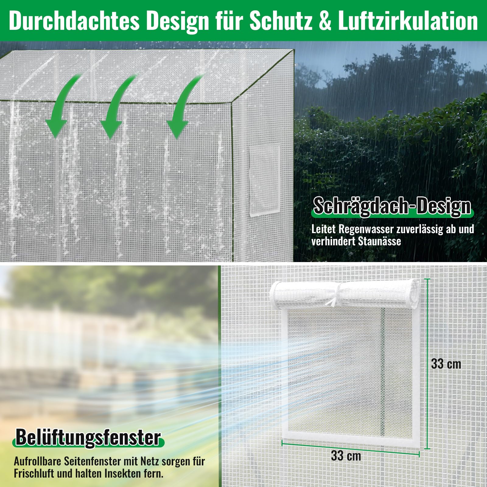 Velway Tomaten Gewächshaus Foliengewächshaus Stabil - 208x81x170/141cm Winterfest Tomatenhaus Schrägdach Garten Treibhaus mit PE Gitterfolie, Belüftungsfenster, Erdanker und Winddichten Seile - Weiß