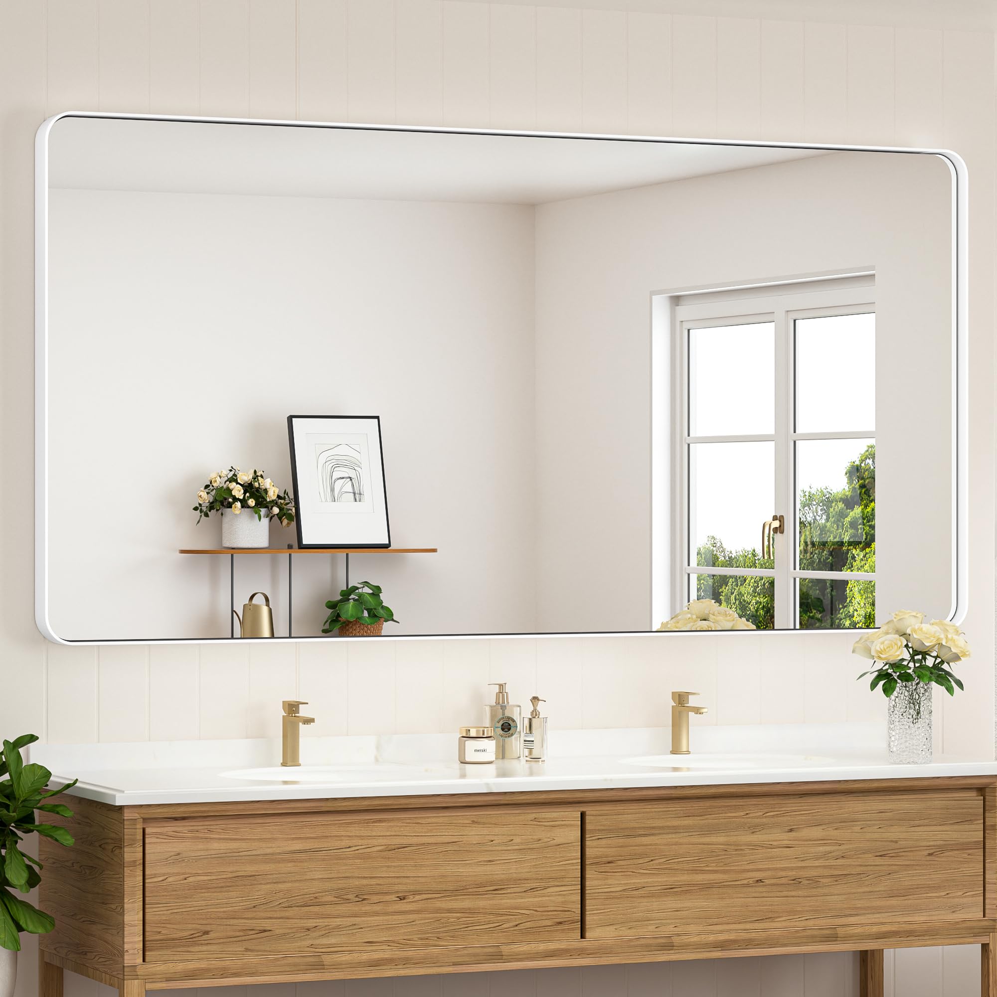 Keonjinn White Bathroom Mirrors for Over Sink 72 x 36 Inch Large Rounded Rectangle Wall Mirror for Bathroom, Seamless Metal Frame Farmhouse Mirror, Shatterproof HD Tempered Glass(Horizontal/Vertical)