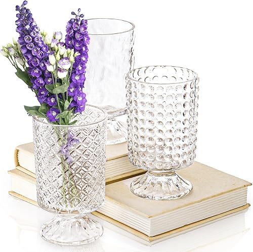 Miniatura 9 de Juego de 3 jarrones transparentes para flores, jarrón de vidrio de boca ancha para centros de mesa, 7 pulgadas de alto, jarrón cilíndrico con