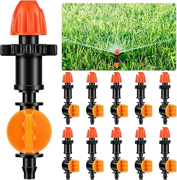 10 Pcs 180 Degree Micro Sprinkler Heads Adjustable Drip Irrigation Spray Emitters for 1/4 Inch Tubing Water Flow Drippers Sprayer Nozzle Fittings for Garden Lawn Watering System Greenhouse