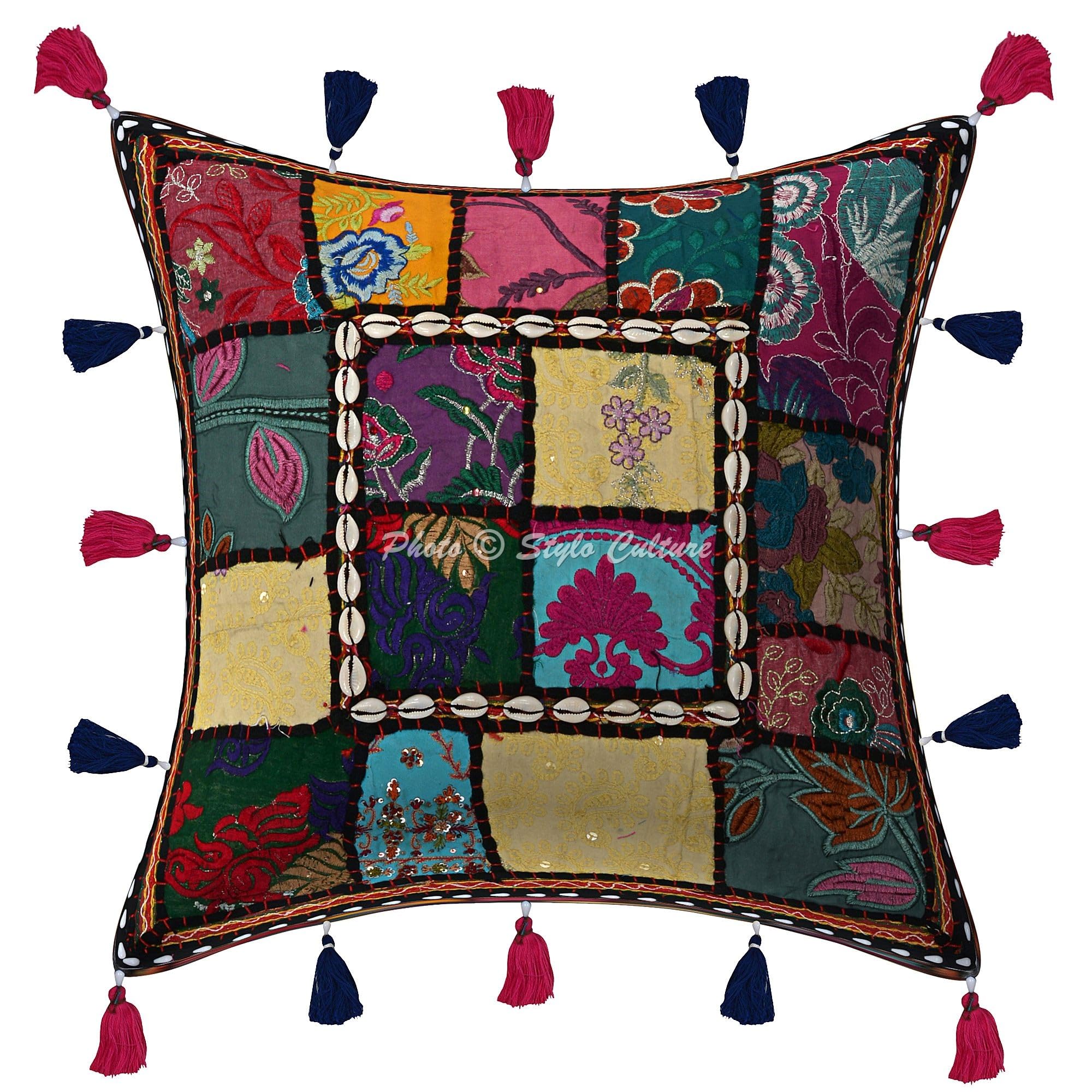 Ethnisch Dekorativ Baumwolle Sofa Kissenbezüge 40x40 cm Schwarz Dekokissen Gesticktes Patchwork Wohnzimmer Couch Kissenhullen Blumen Quadrat Umschlagverschluss Kissen Bezüge - 4 STK.