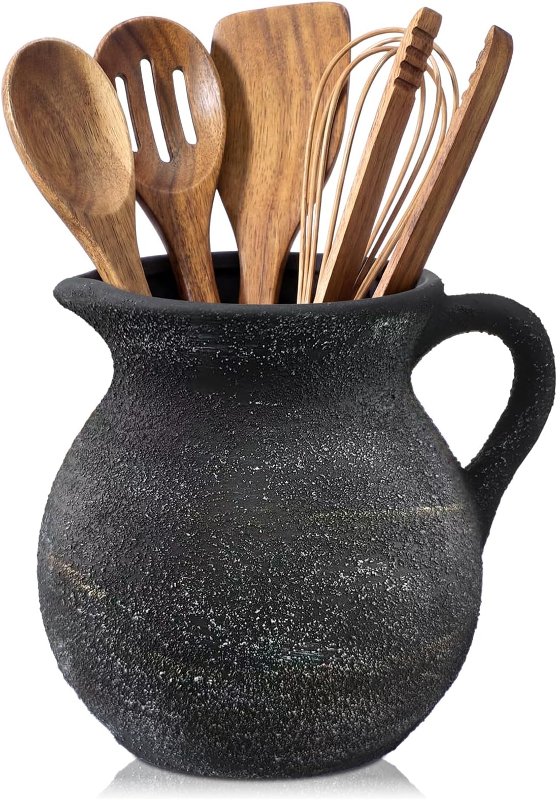 Potchen Rustic Kitchen Utensil Holder with Handle,7.48" H Ceramic Vintage Utensil Crock for Countertop, Farmhouse Kitchen Decoration Ceramic Pot for Spatulas Spoons Tongs(Classic,Antique Black Gold)
