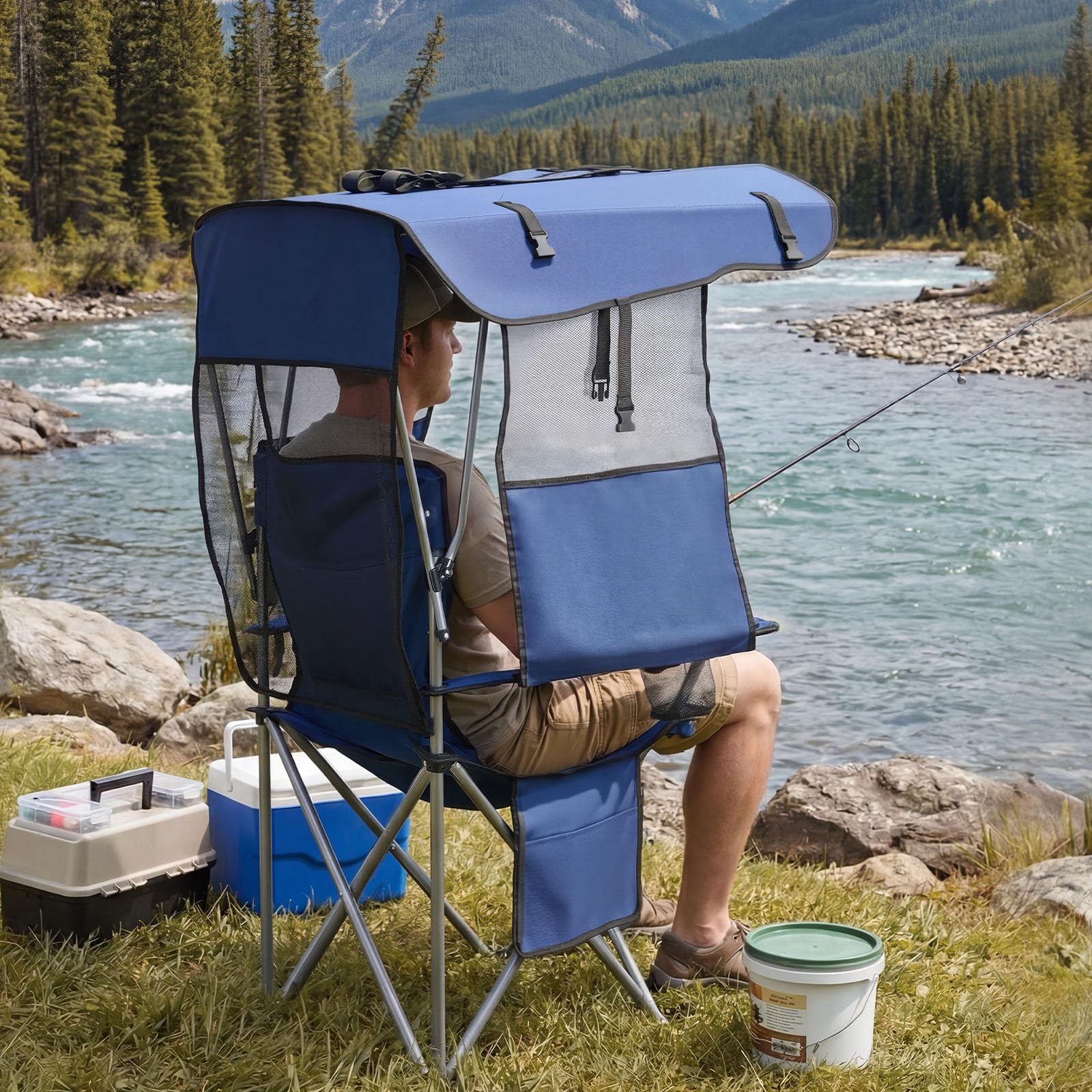 VEVOR Chaise de Camping Pliante avec Auvent, Fauteuil Pliable Camping Charge Maximale 150 kg, pour Pique-Nique Randonnée Pêche en Plein Air, avec Porte-gobelet et Pochette pour Magasines, Bleu Foncé