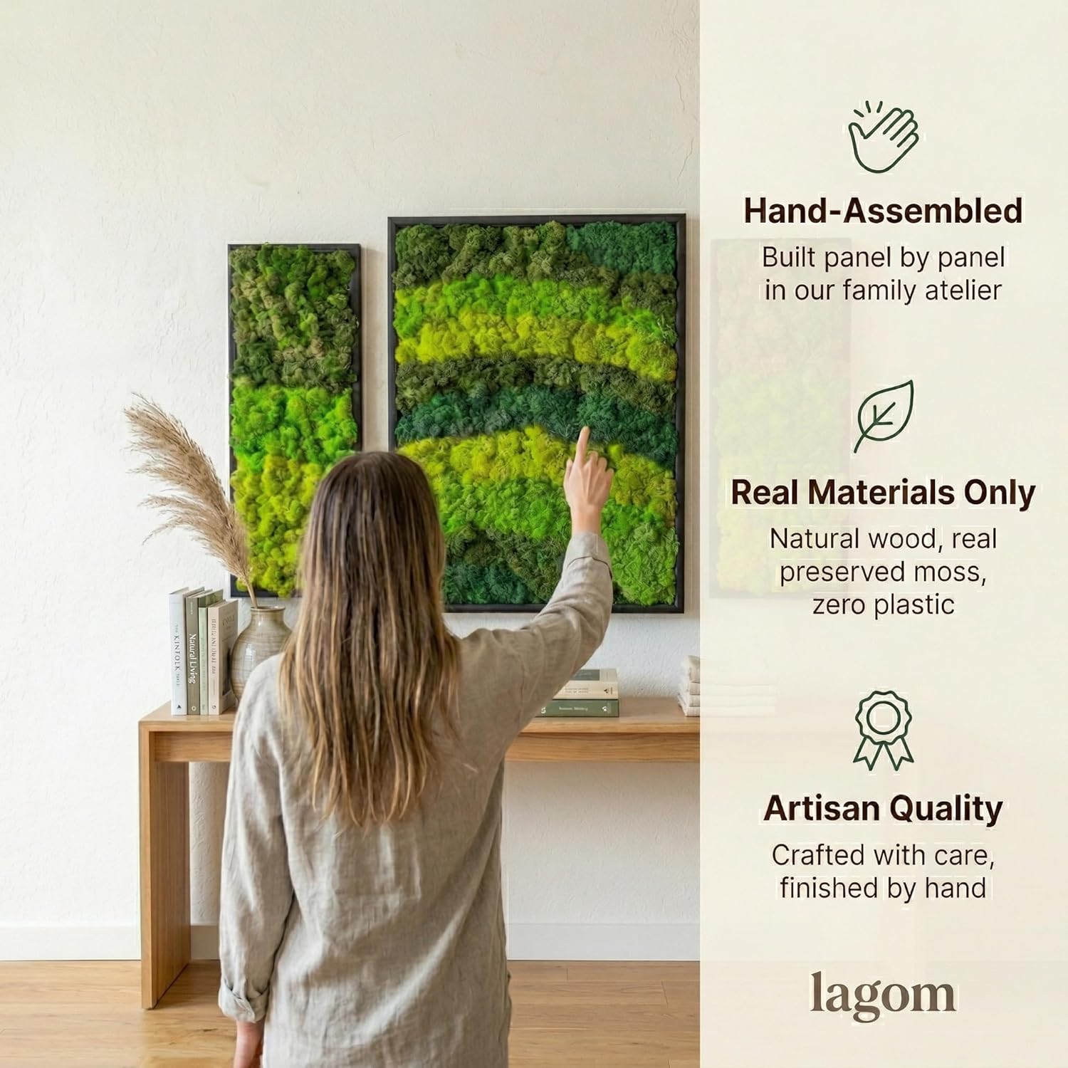 lagom, Green Wall Art Moss, Preserved Moss, Large Wall Art, Handcrafted Home Decor, Natural Wood Framed, Set of 3, Black Frame (WAVE DANCE-BLACK FRAME, 1)