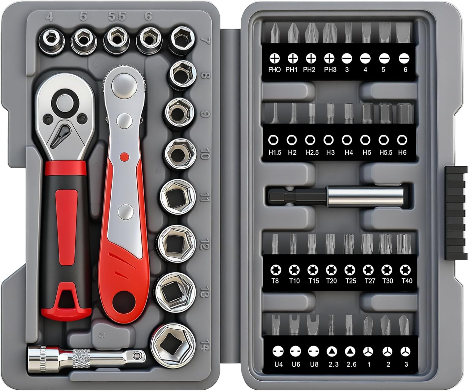 Hi-Spec 48pc Ratcheting Screwdriver & Socket Set, 1/4" Drive Mini Bit Ratchet and Quick-Release Ratchet, CR-V Sockets 4–14 mm, Security Bits in Portable Case