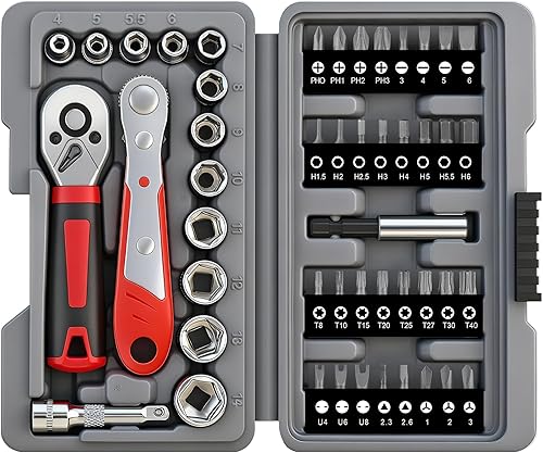 Hi-Spec Juego de destornillador de trinquete de 48 piezas y juego de zócalos, trinquete mini de 0.6 cm y trinquete de liberación rápida, zócalos