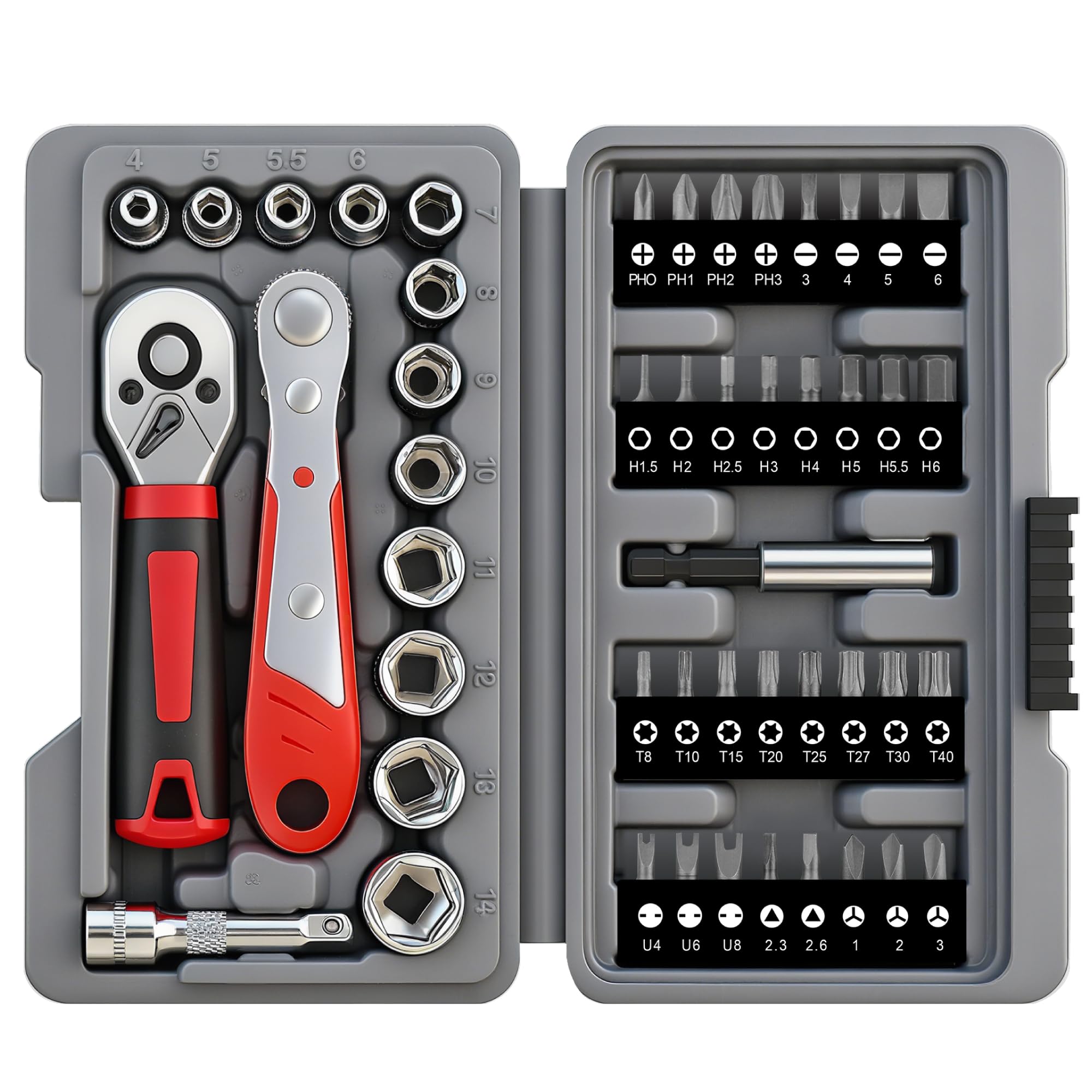 Hi-Spec 48pc Ratcheting Screwdriver & Socket Set, 1/4" Drive Mini Bit Ratchet and Quick-Release Ratchet, CR-V Sockets 4–14 mm, Security Bits in