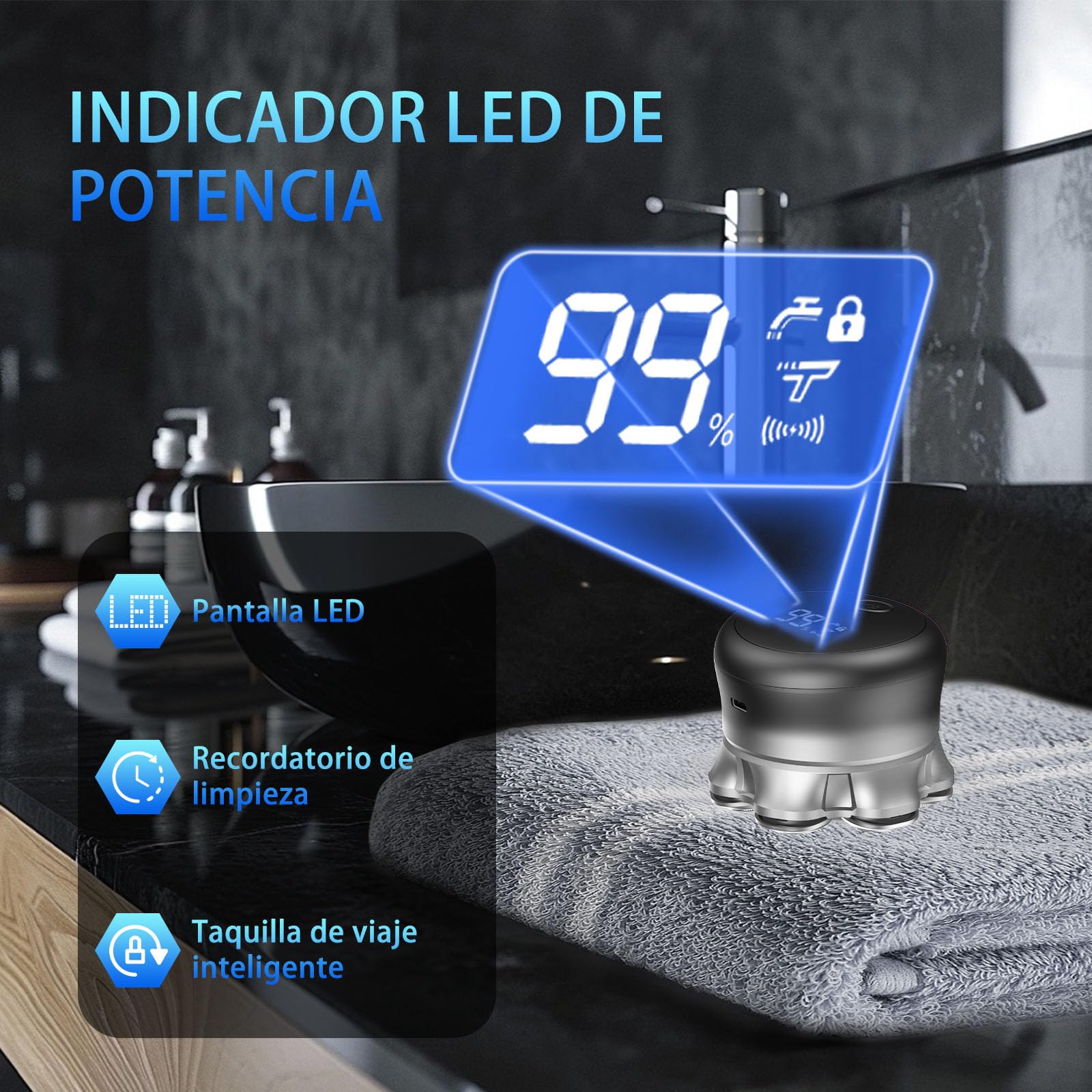 Afeitadora cabeza hombre, Maquina afeitar cabeza 7D para hombre magnético, Recargable portátil, Impermeable, para uso en seco y húmedo, Con Pantalla LED Bloqueo de Viaje (4in)
