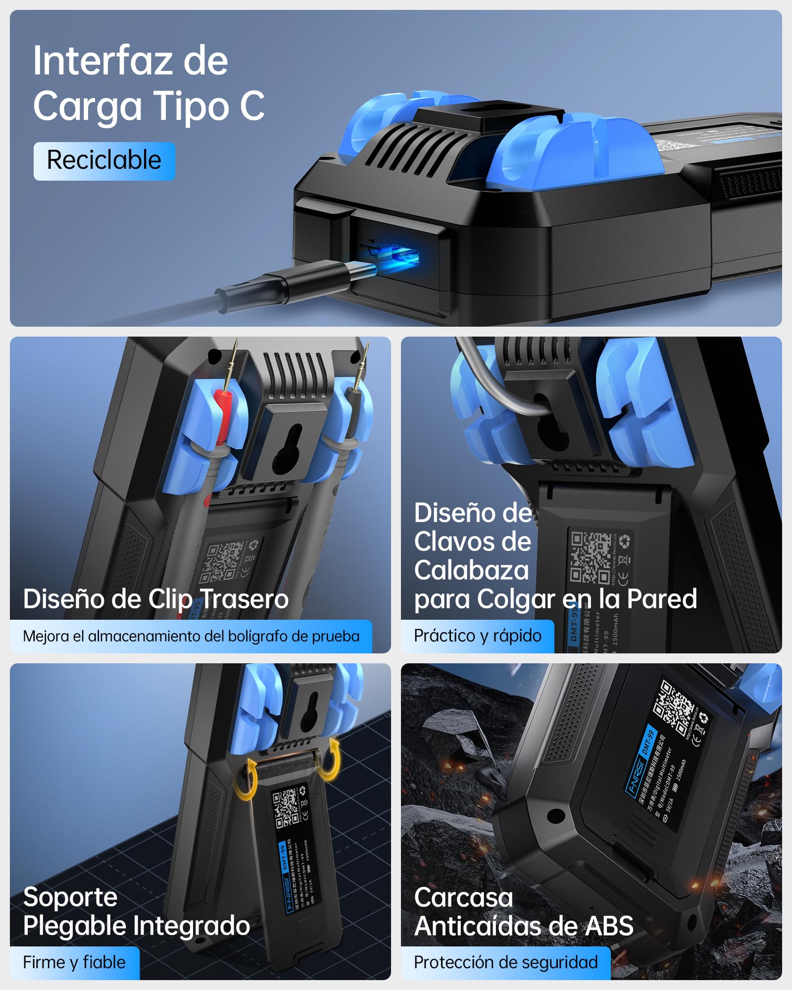 FNIRSI DMT-99 Multímetro digital de 9999 cuentas, TRMS, Voltímetro recargable de rango auto con modo de registro y monitor de datos, medición de resistencia, capacitancia, diodos, frecuencia, NCV