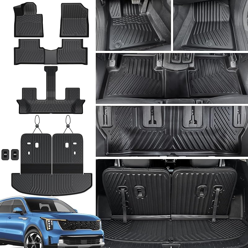Floor Mats for Kia Sorento 2021-2026 Gas 6/7 Seats w/Cargo Mat | Full Protection Mat Set with Cargo Mats, All Weather TPE, Non Slip & Odorless & Scratch Proof, Sorento Accessories