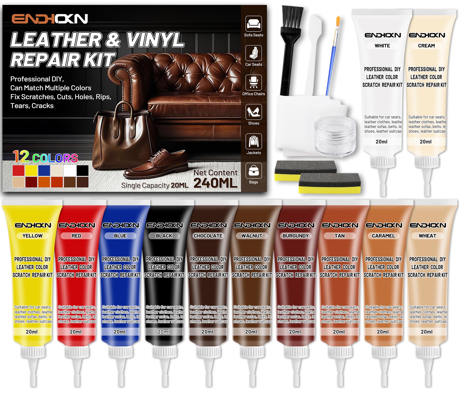 Endhokn Leder Reparatur Set, 12 Farben Ledersofa Reparaturset, Autositze, Jacke, Vinyl Kunstleder Reparaturset Repariert Kratzer Schnitte Risse Löcher Risse Farbe Anpassbar und Einfach zu Bedienen
