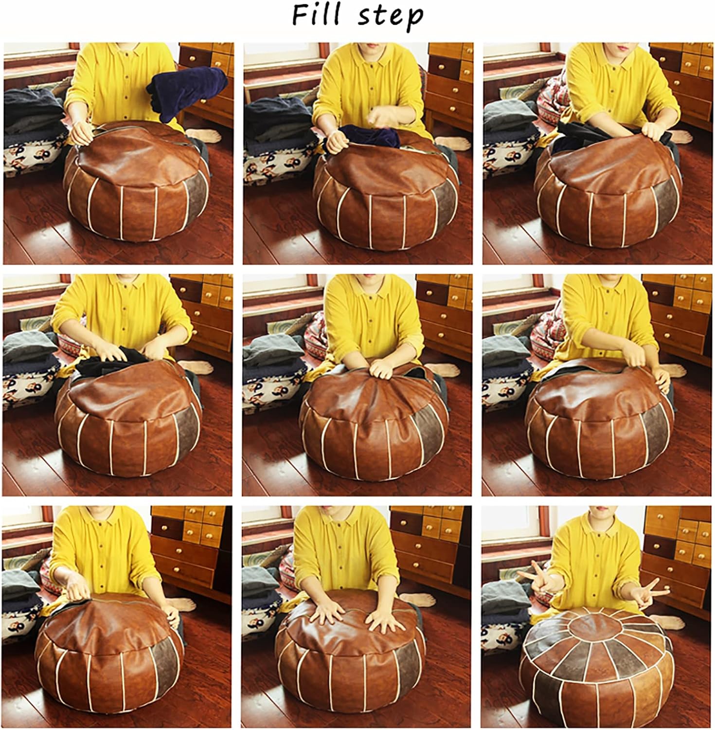 Premium Leather Moroccan Pouf Ottoman - Unstuffed Round Foot Stool Modern Bean Bag Chair & Home Decor Footrest Storage Solution - 48x48x28cm (19x19x11inch)