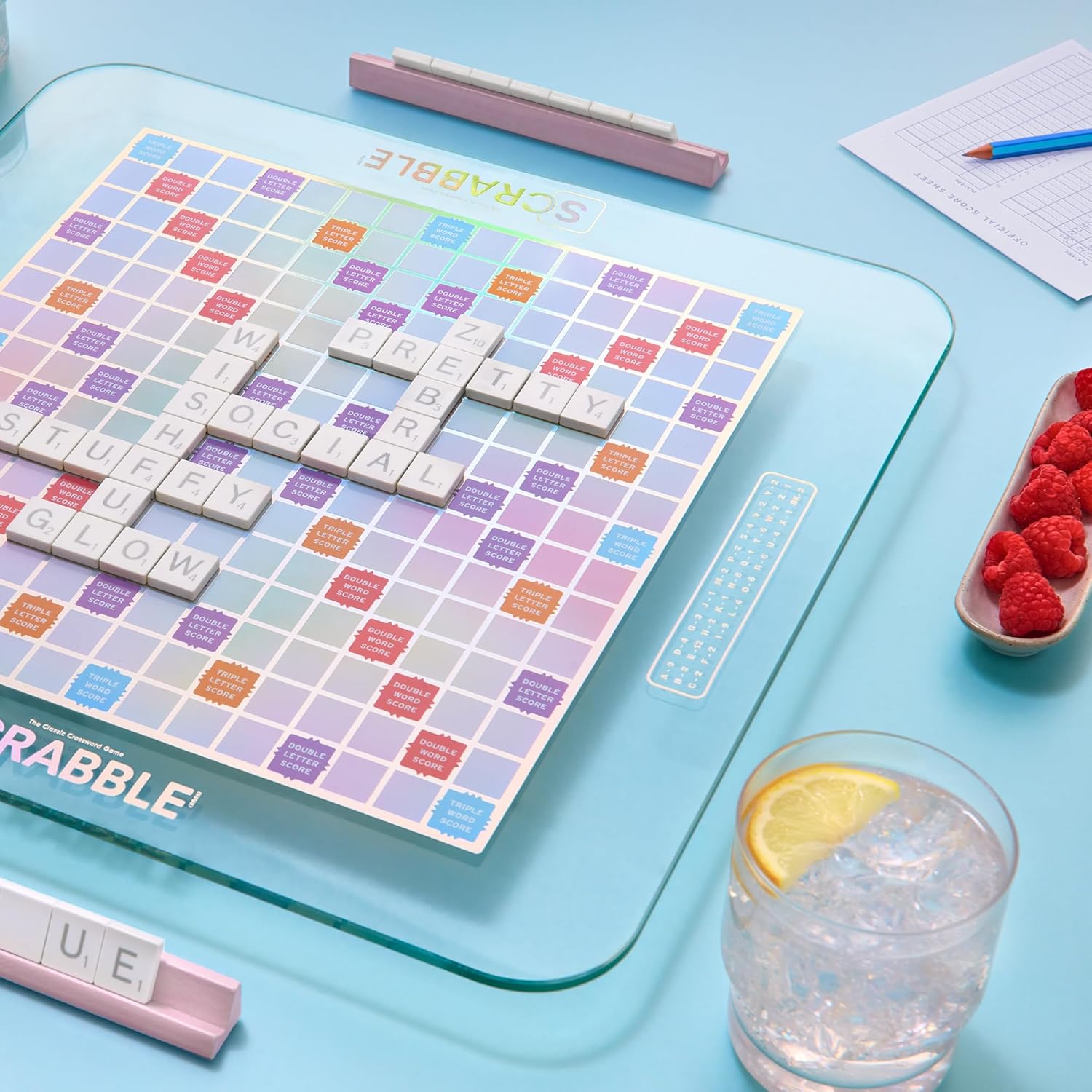 WS Game Company Scrabble Aura Edition, Iridescent Rotating Tempered Glass Board, Non-slip Metallic Wood Letter Tiles, Luxe Tile Racks & Organizer Tray, Family Word Board Games for 2-4 Players, Ages 8+