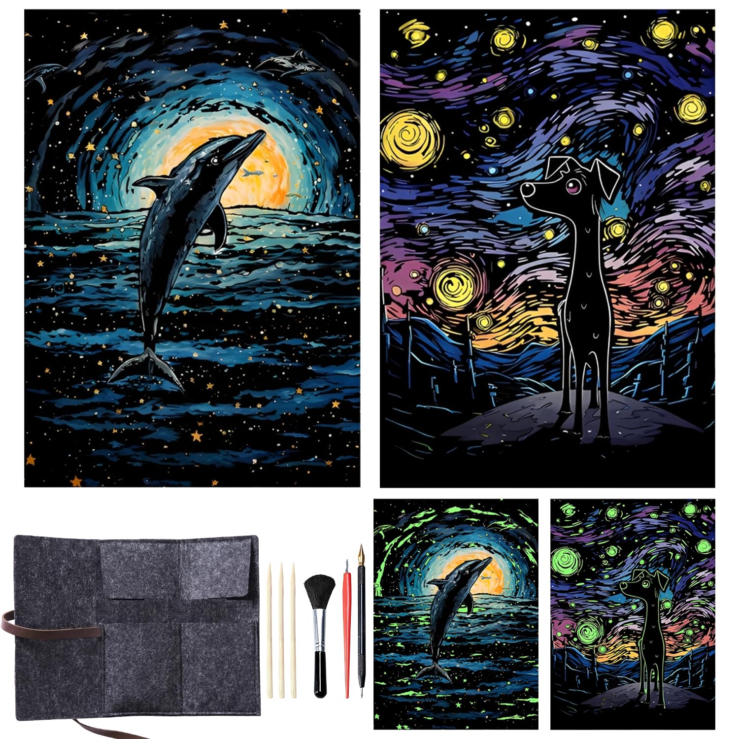 Luminous Rainbow Scratch Notes Kit for Kids & Adults - 4-Piece Art Supplies Set with Scratching Tools, Creative DIY Craft Activity（A3-Dolphin & Dog）