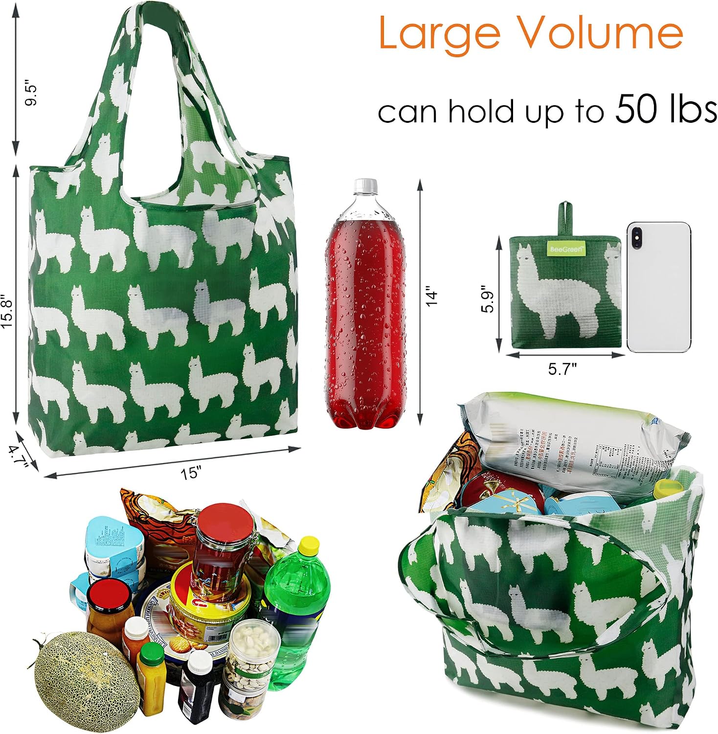 BeeGreen Animal Reusable Shopping Bags Cute Grocery Bag 6 Pack, Christmas Gift Bags Heavy-Duty Foldable Shopping Totes for Supermarket, Work & Travel, Large Washable Polyester Tote Bag with Handles image 2