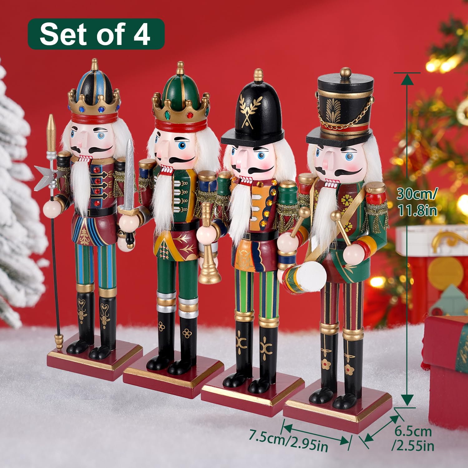 Lot de 4 décorations de Noël en bois soldat casse-noisette, figurines traditionnelles peintes de 30 cm, fête de Noël festive à collectionner pour la maison, la cheminée, le sapin de Noël