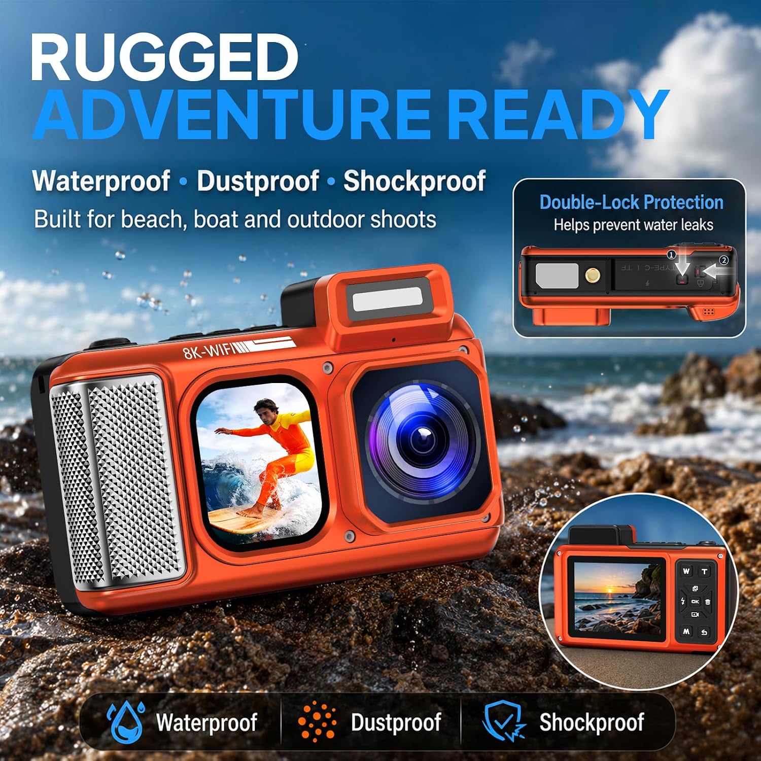 Maxmango V08 Pro 49FT Underwater Camera, 8K 90MP WiFi Waterproof Digital Camera with 2.88" Touchscreen, Dual Screens, Dustproof Shockproof Camera for Snorkeling Diving Travel, 32GB Card, Orange