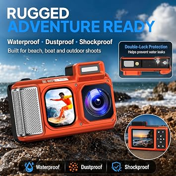 Maxmango V08 Pro 49FT Underwater Camera, 8K 90MP WiFi Waterproof Digital Camera with 2.88 Touchscreen, Dual Screens, Dustproof Shockproof Camera for Snorkeling Diving Travel, 32GB Card, Orange