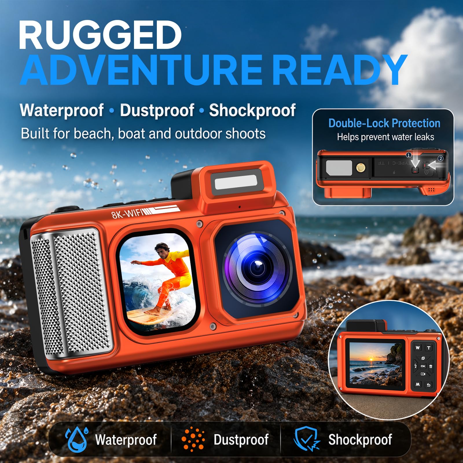 Maxmango V08 Pro 49FT Unterwasserkamera, 8K 90MP WiFi wasserdichte Digitalkamera mit 2,88-Zoll-Touchscreen, Staub- und Stoßfest, ideal zum Schnorcheln, Tauchen und Reisen,32GB Karte, Orange