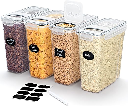 Lifewit 4L(135oz) Cereal Containers Storage with Flip-Prime Lids, 4pcs Hermetic Meals Storage Canister Units with Label Stickers for Kitchen Pantry Counter Group, Oats, Flour, Sugar, BPA Free