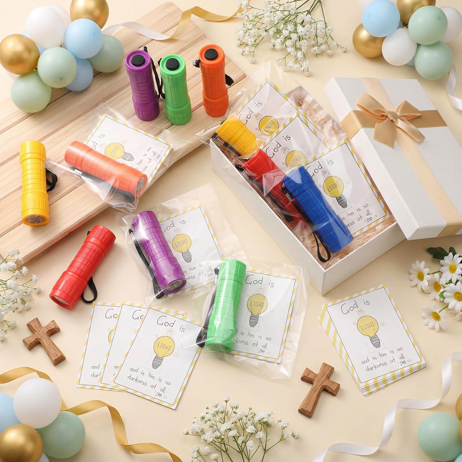 Flutesan 24 Sets Christian Mini Flashlights Gift Bulk with Bible Verse Cards Christian Prizes for Sunday School VBS Church Youth Group Giveaways Religious Flashlight Party Favors