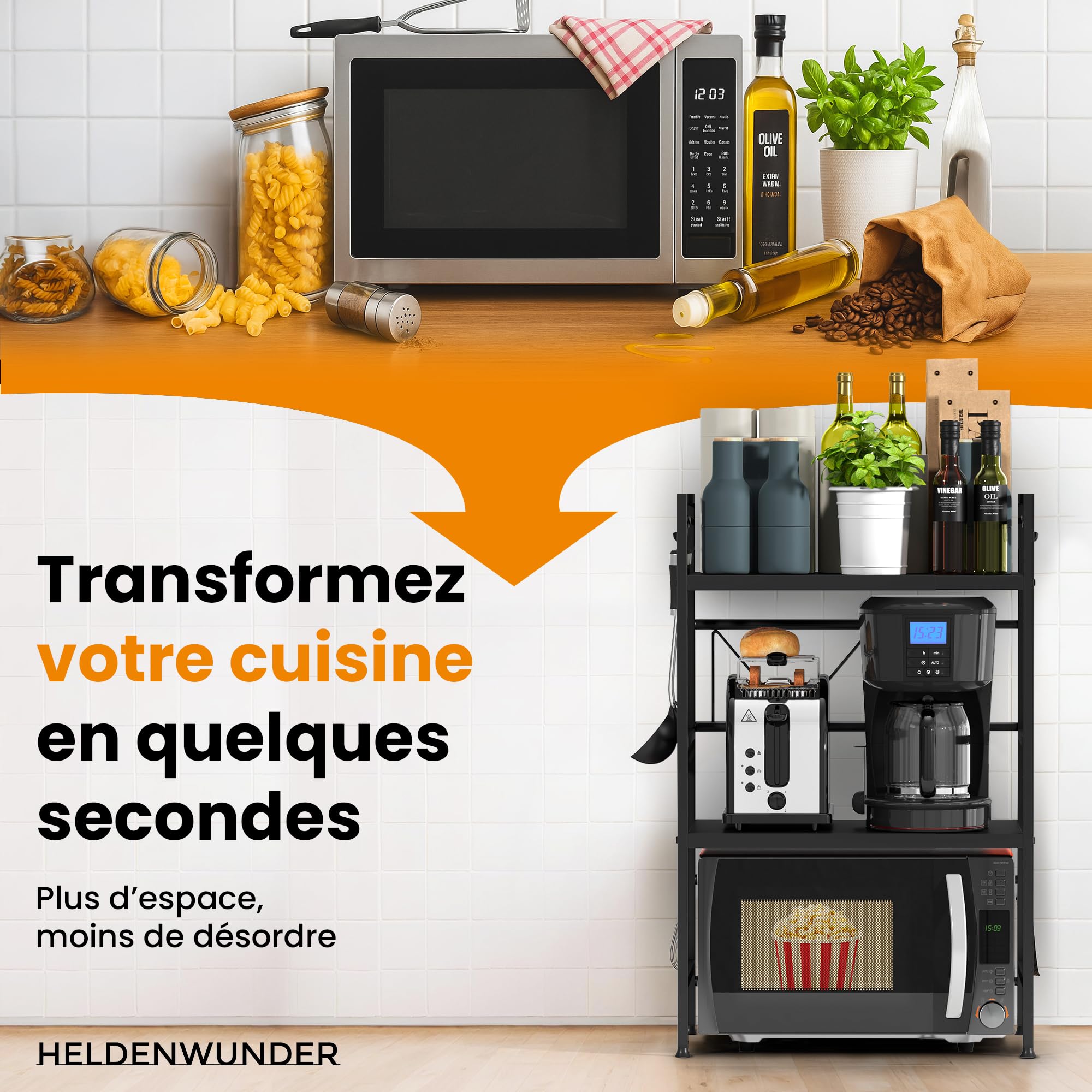 Etagere Micro Onde Support Micro-Ondes 2 Niveaux Extensible - 40-64cm Avec 6 Crochets - Rangement Cuisine Support Micro Ondes Conforama