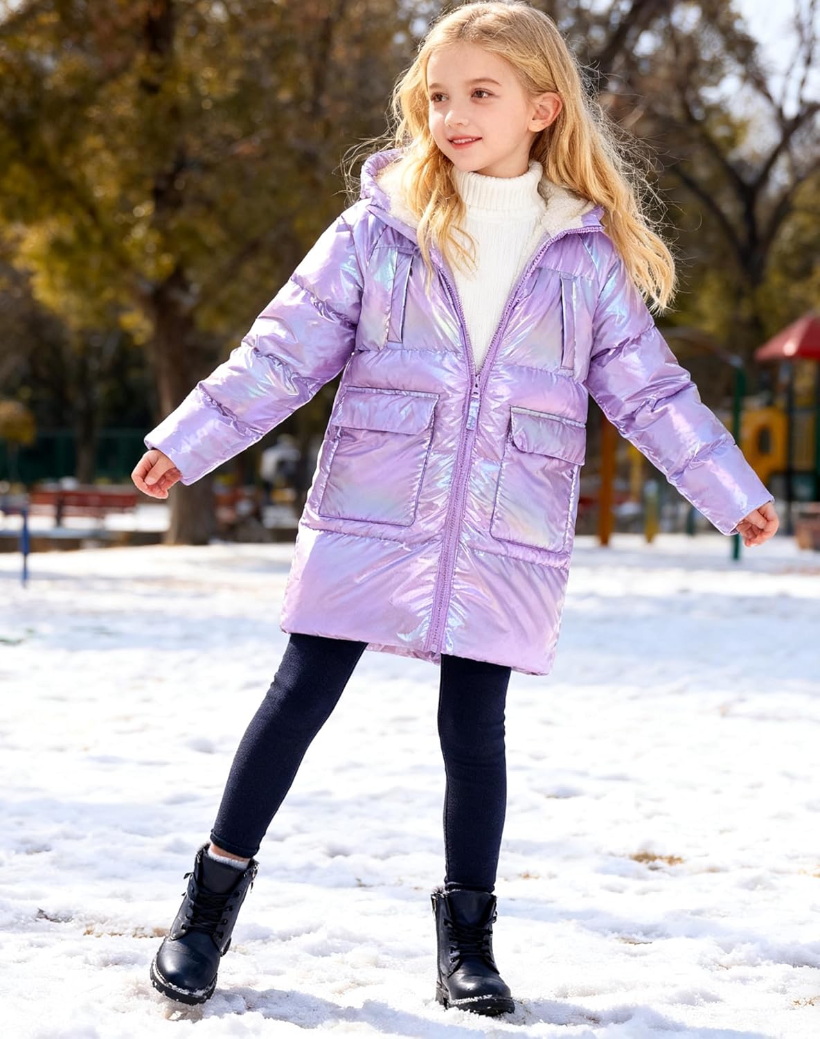 Cutemile 5-12 Years Girls Winter Long Fleece Coat Parka Metallic Puffer Jacket Outwear with Hooded - Image 2
