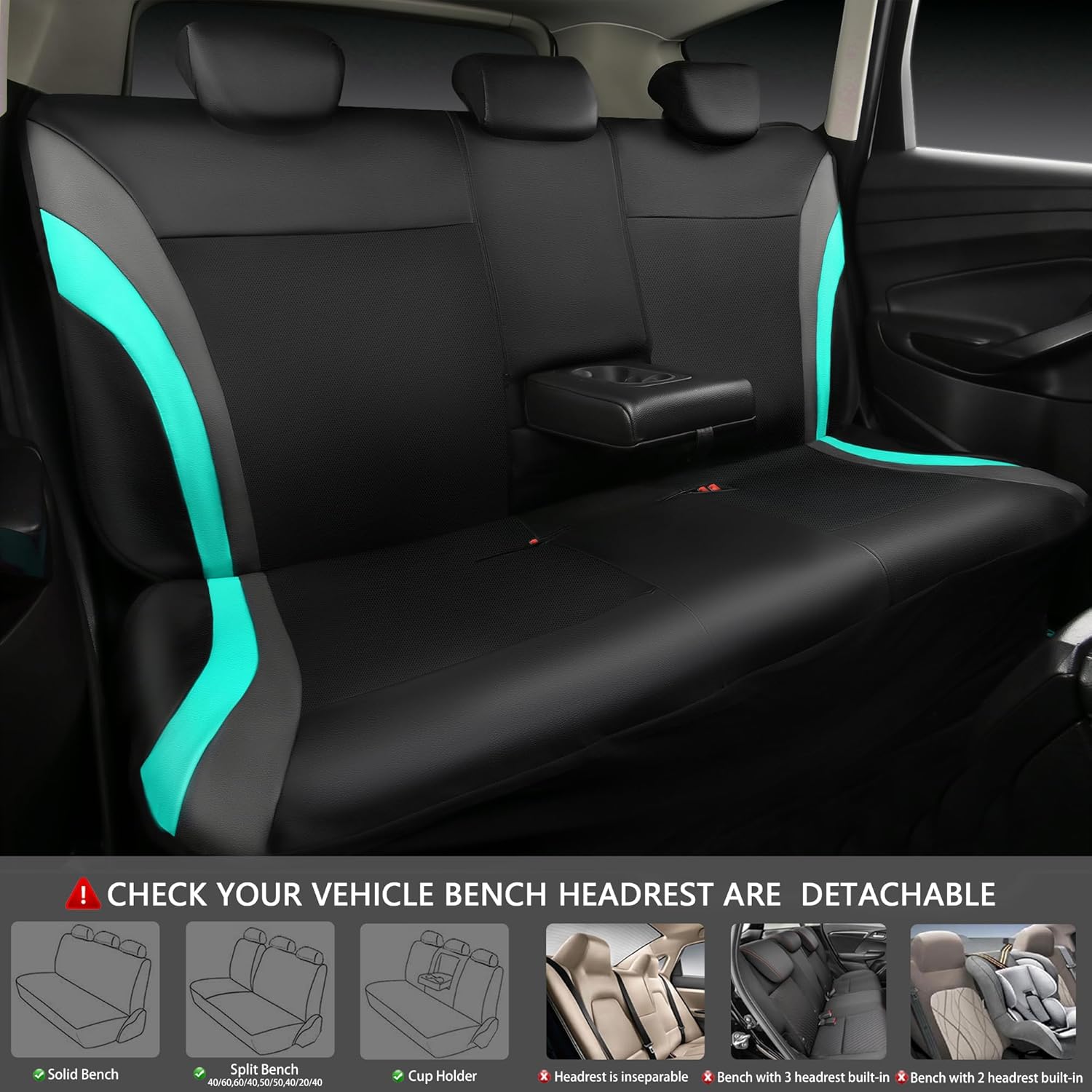 CAR PASS Leather Car Seat Covers Full Set,Waterproof Automotive Seat Covers for Cars SUV Sedan Truck,Airbag Compatible,5mm Composite Sponge,Sporty Universal Fit for Cute Women Girl (Black Mint)