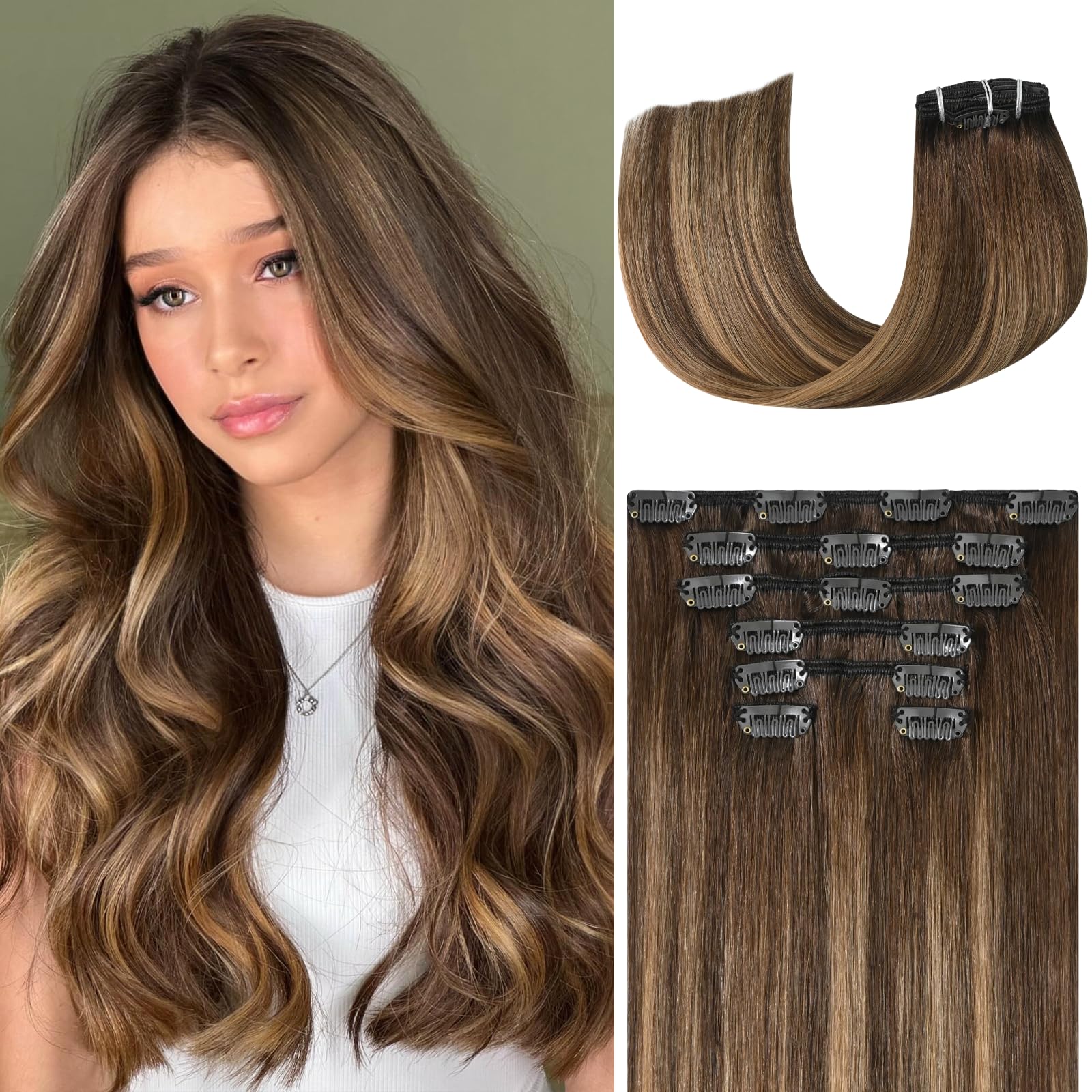 Ukira Balayage Clip in Hair Extensions Real Human Hair, 18 Inch 75g 4/27/4 Chocolate Brown to Caramel Blonde Ombre Human Hair Extensions, Natural