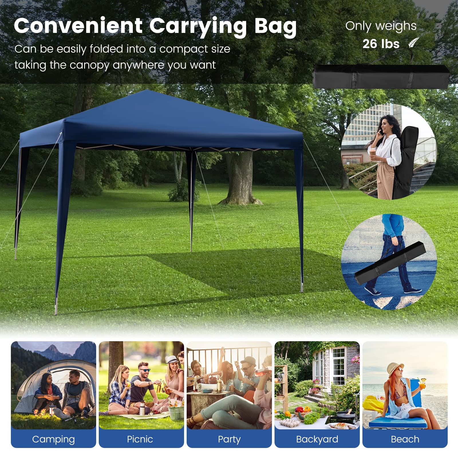 GOPLUS Tonnelle Pliante 3x3, Barnum Pliable de Jardin Extérieur avec Sac de Rangement, 249/252/255CM,pour Camping, Barbecues, Pique-niques, Fêtes (Bleu)