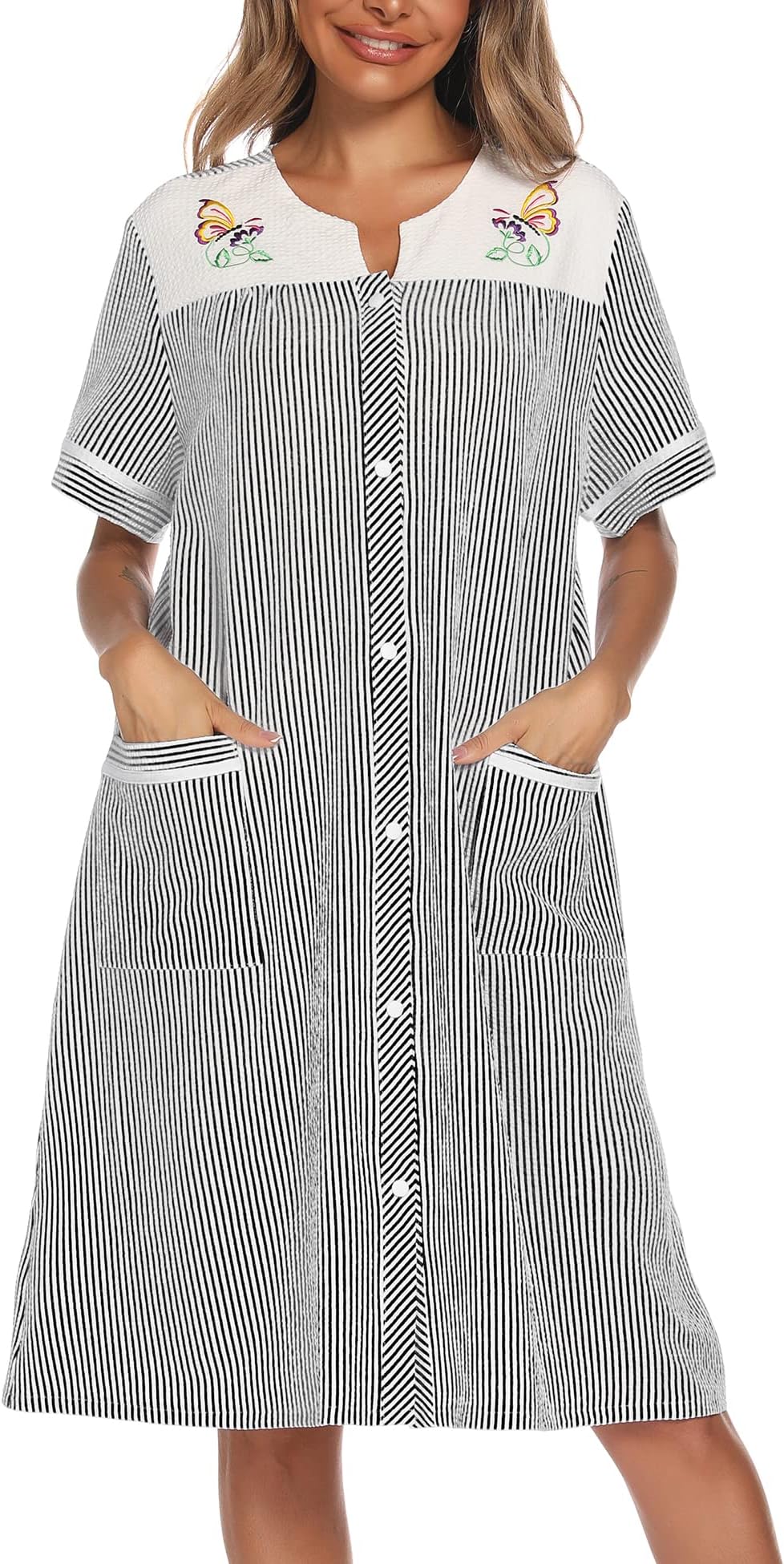 Women Embroidered House Dress Short Sleeve Housecoat with Front Pockets S-3XL