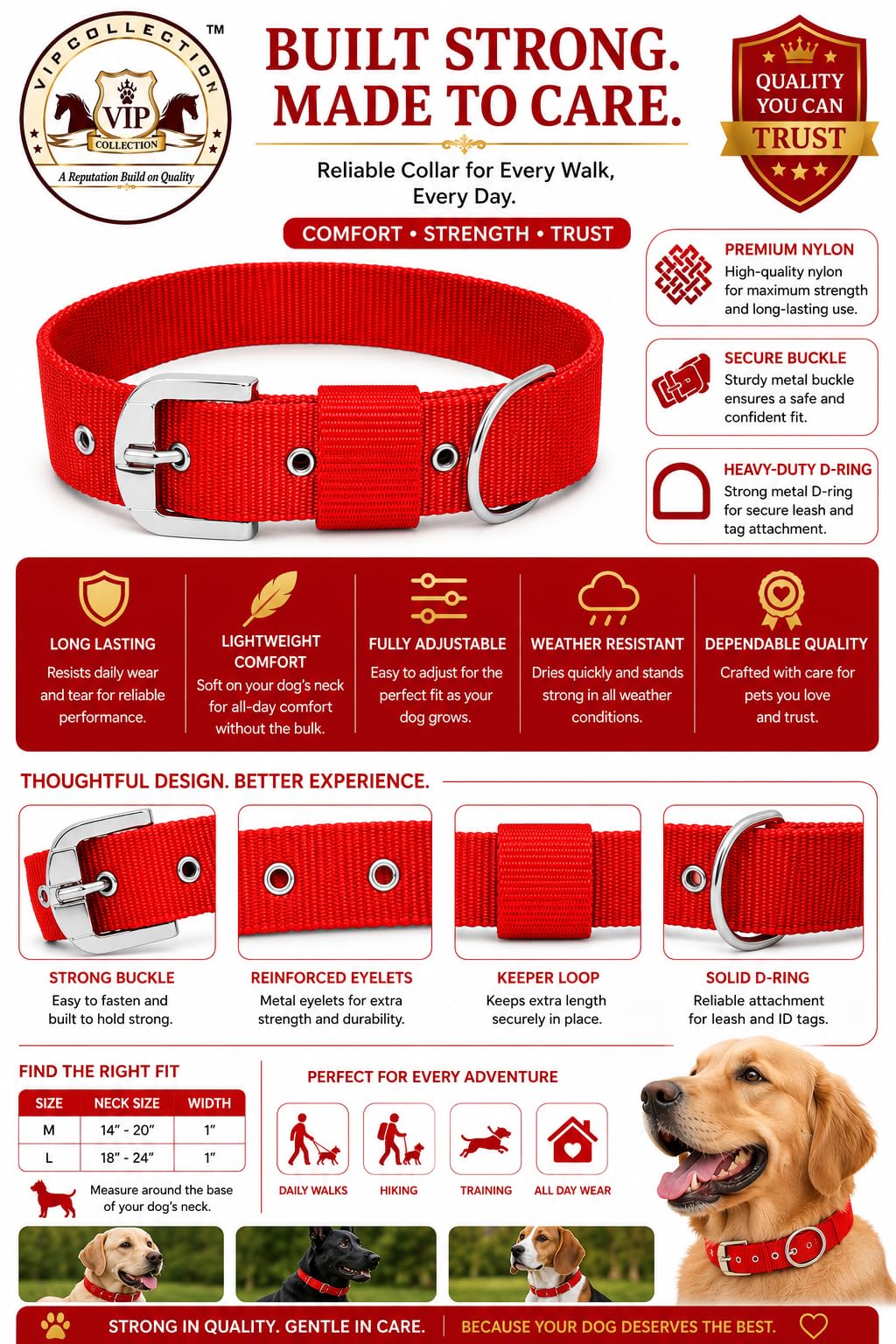 VIPCOLLECTION Dog Collar and Leash Set-Durable, Escape-Proof Adjustable Soft and Stylish for All Breeds Comfortable for Training Walking and Running (Extra Large, Red),86.4 cm