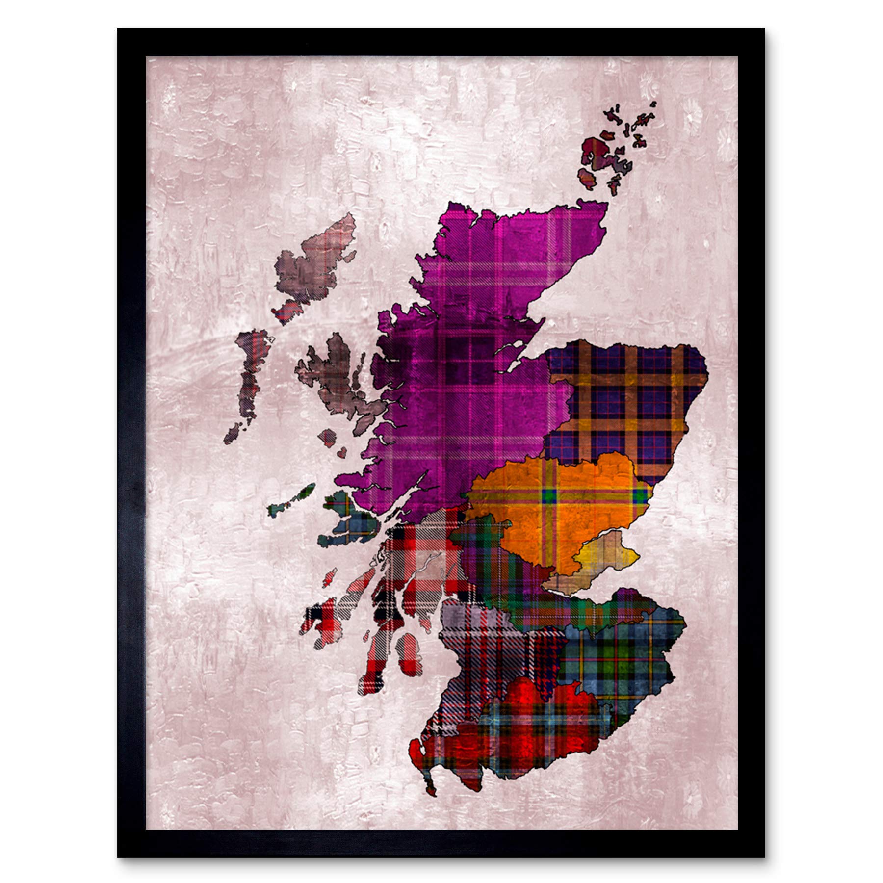 Wee Blue Coo Scotland Map Tartan Regions Art Print Framed Poster Wall Decor 12x16 inch