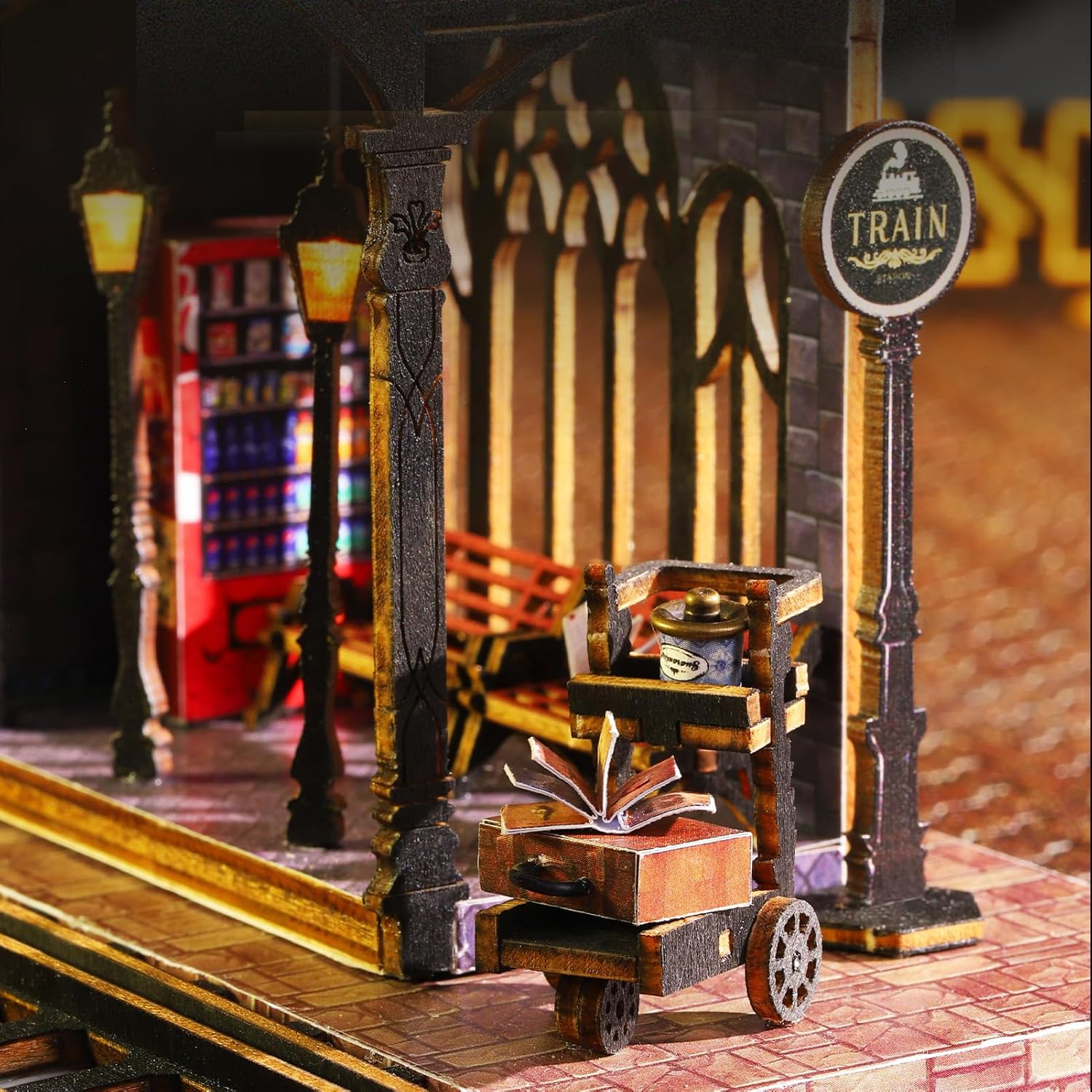 DIY Miniature House Kit: DIY Miniature Dollhouse Booknook Kit with Steam Train, 3D Wooden Puzzle Bookshelf Insert Decor with LED Light, Tiny Model House Building Adults Craft Kits Gift