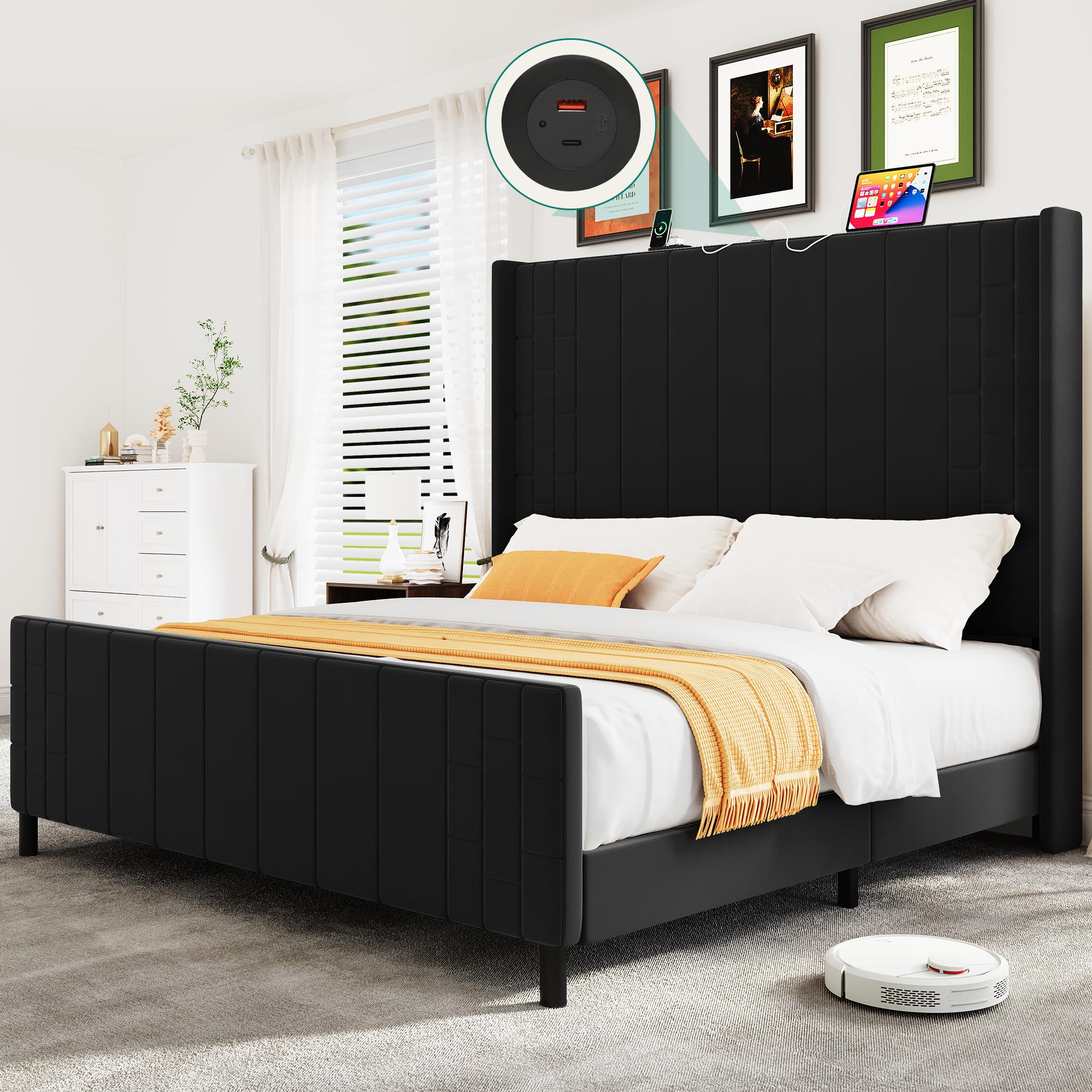 King Size Bed Frame with USB&Type-C Charging Station , Premium Velvet Upholstered Platform Bed Frame with Tall Vertical Channel Tufted Wingback Headboard & Footboard,/No Box Spring Required/ Black SIMILAR TO LOT PHOTO INCOMPLETE ONLY FOOTBOARD 