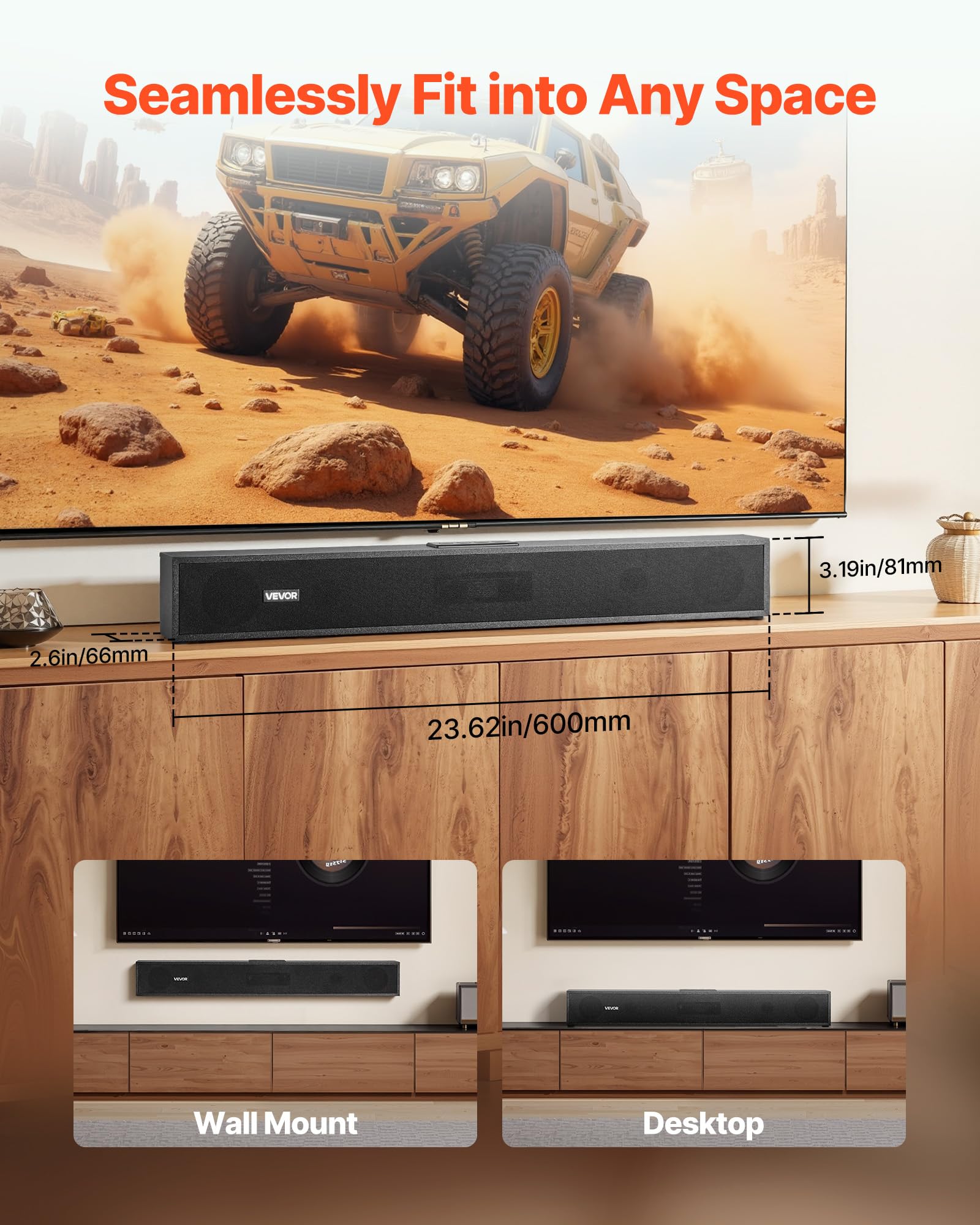 VEVOR Sound Bar per Smart TV, 2.0 canali, 24 pollici, altoparlante compatto per proiettore, connessione Bluetooth AUX, telecomando, facile installazione, sistema audio surround da 80 W per PC Home