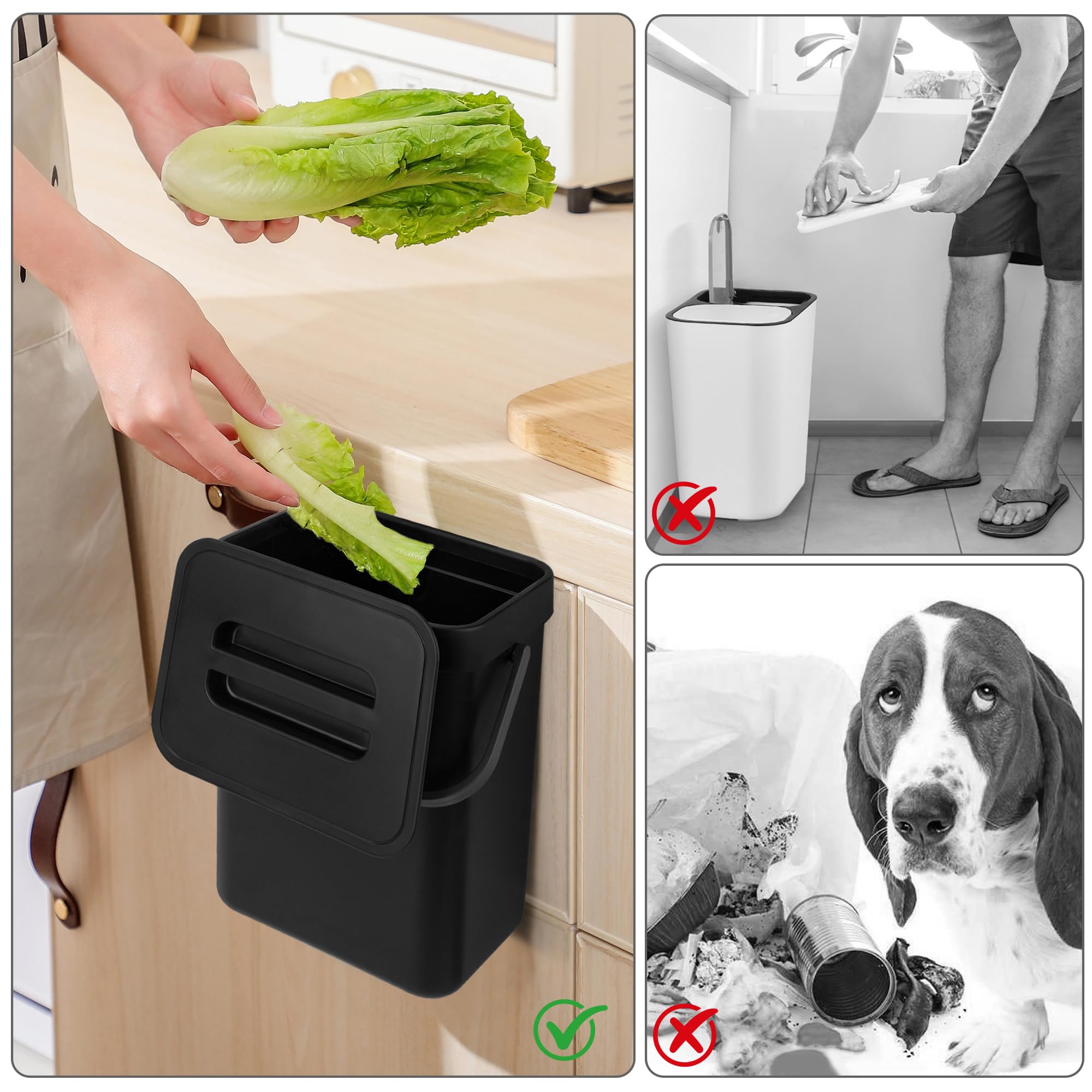 Secchio da Compost da Cucina Piccolo Bidone della Spazzatura Sospeso con Coperchio 3L Secchio di Rifiuti Organici per Cucina Nero