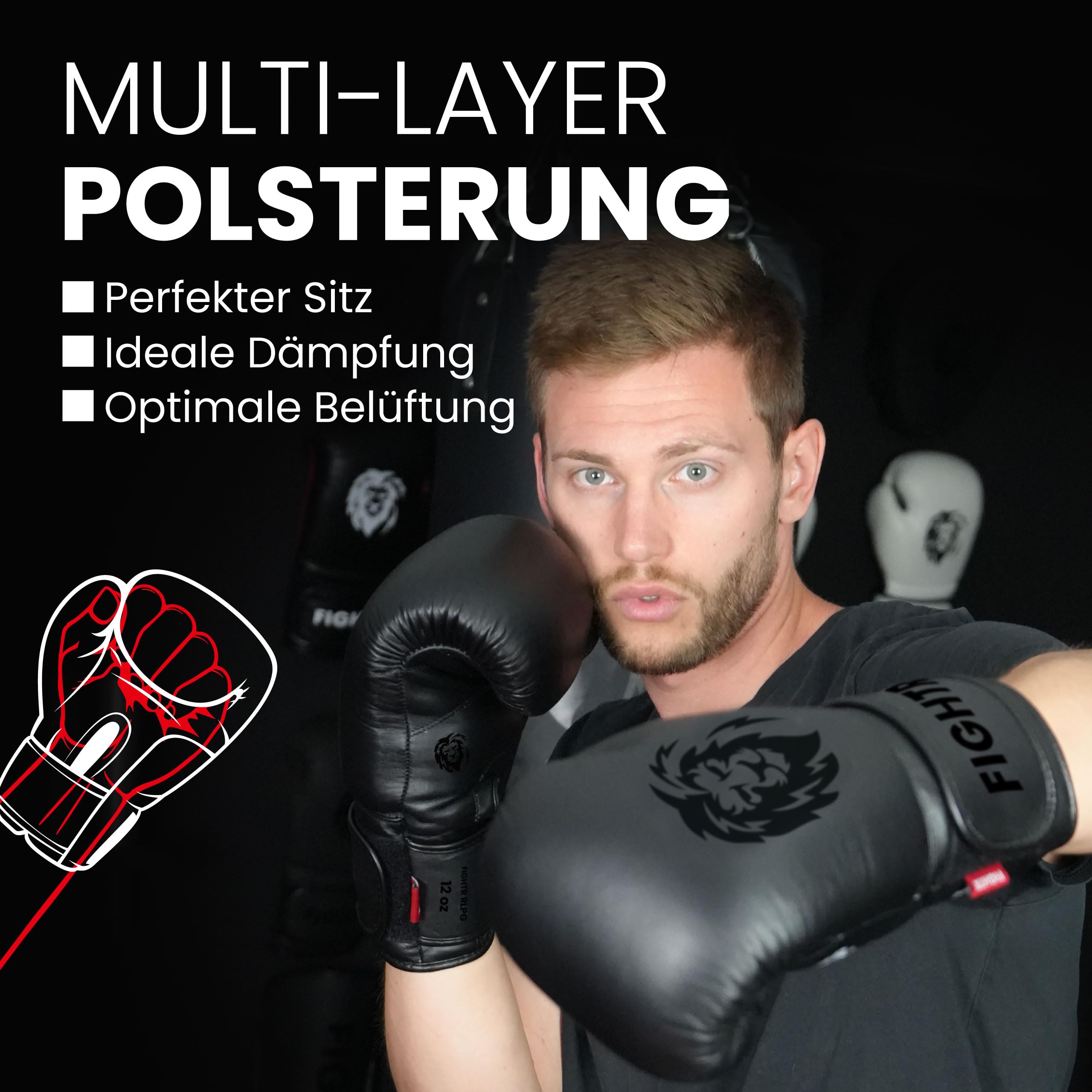 FIGHTR® Pro Boxhandschuhe aus echtem Leder | Männer und Frauen | für Boxen, MMA, Muay Thai, Kickboxen & Kampfsport 10 12 14 16 oz | inkl. Tragetasche