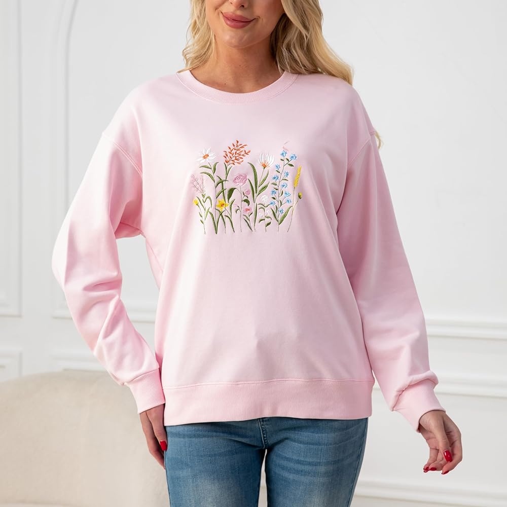 ELAIXV Wildflower Botany Embroidered Oversized Sweatshirt for