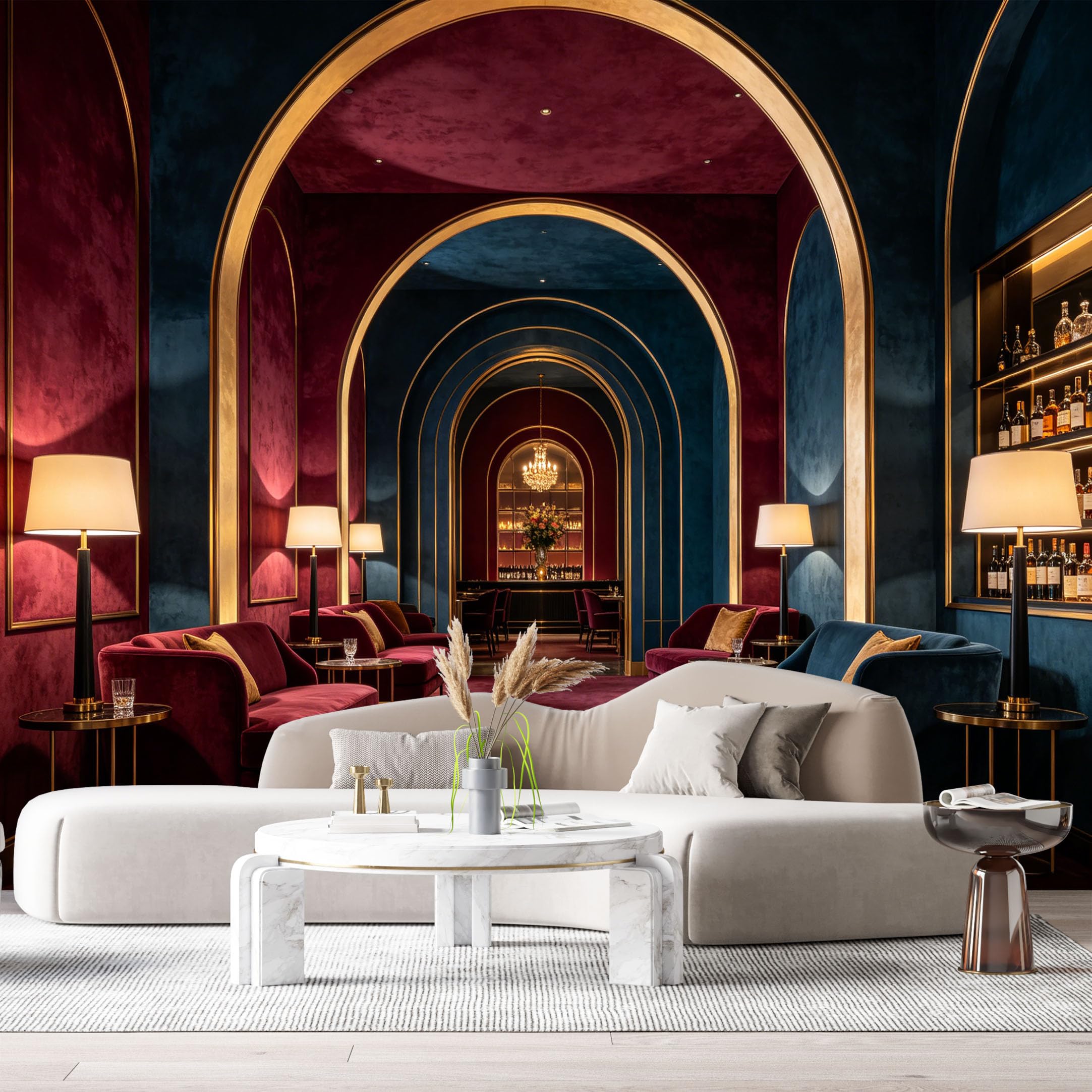 Custom Size Wall Murals Neoclassical Vintage Interior Arched Hallway Golden Trim Velvet Lounge SelfAdhesive Wall Fabric Removable Large Wallpaper for Photo Living Room