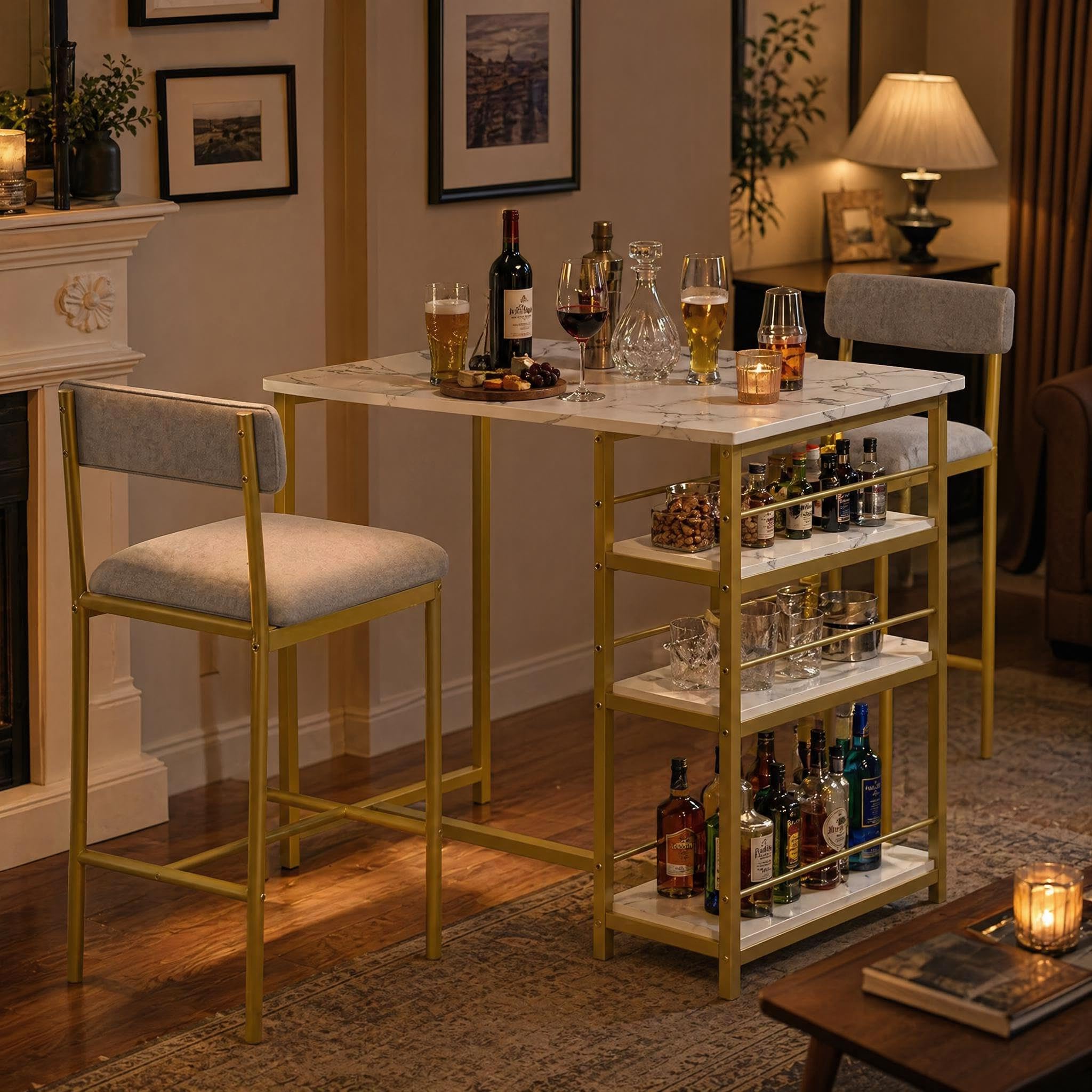 GarveeMore Breakfast Bar Table and Chairs Set for 2, Kitchen Dining Table with Upholstered Bar Stools & 3 Tier Shelves, 2 Seater Set for Small Spaces & Studios, Gold Marble & Grey Velvet
