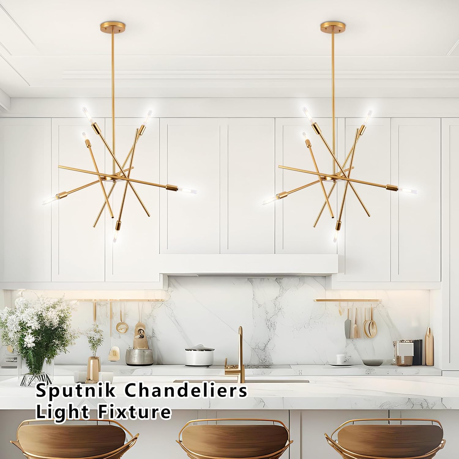 Modern 6-Lights Gold Sputnik Chandelier Dimmable Adjustable Height Contemporary Pendant Light Fixture for Dining Room Mid Century Farmhouse Mental Ceiling Light Fixture for Kitchen Island Living Room