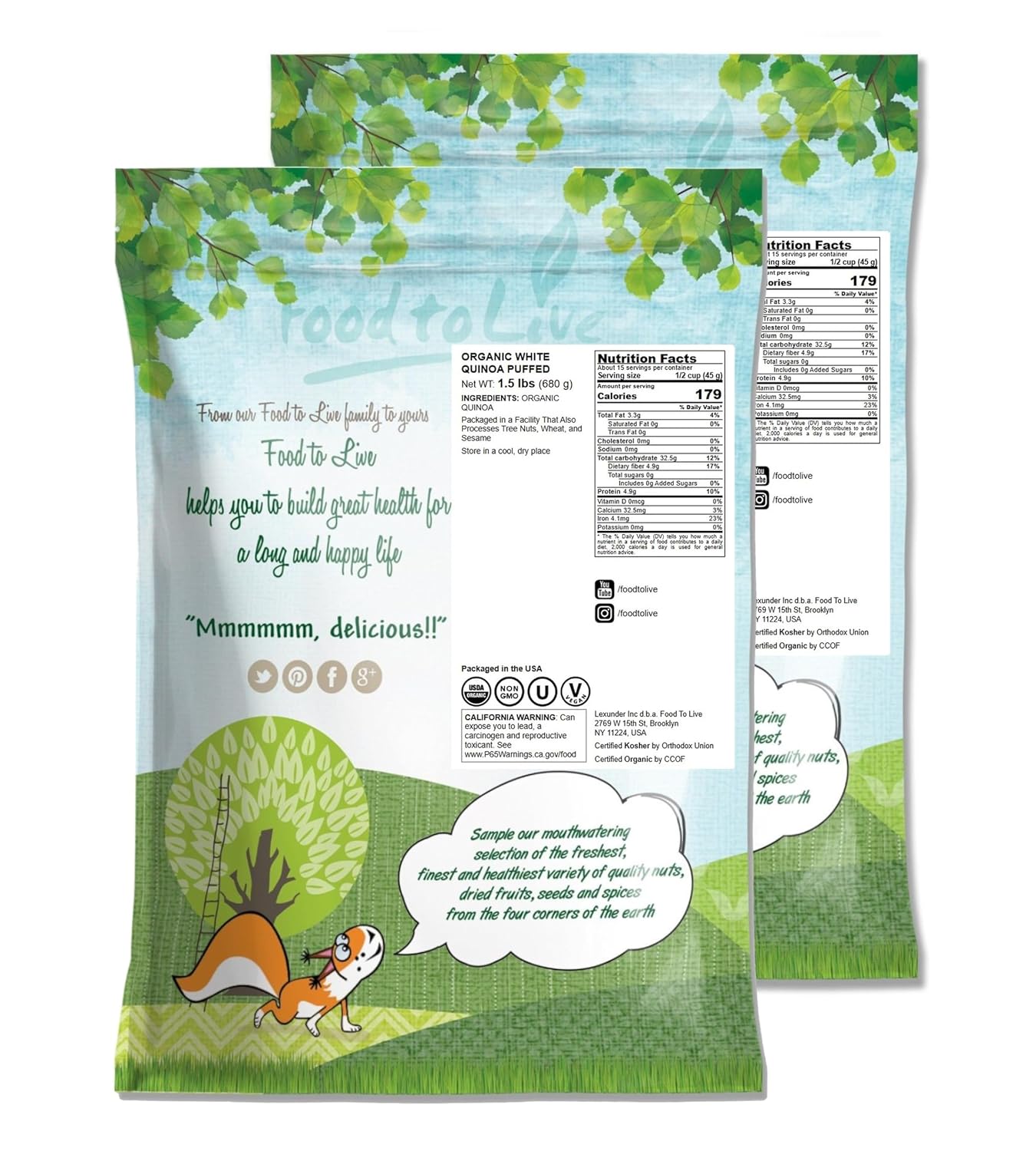 Food to Live Organic Puffed Quinoa, 3 Pounds – Crispy White Quinoa Pop. Non-GMO, Vegan, Kosher, Bulk. Perfect for Breakfast Cereal, Baking, Salads, and Snacks